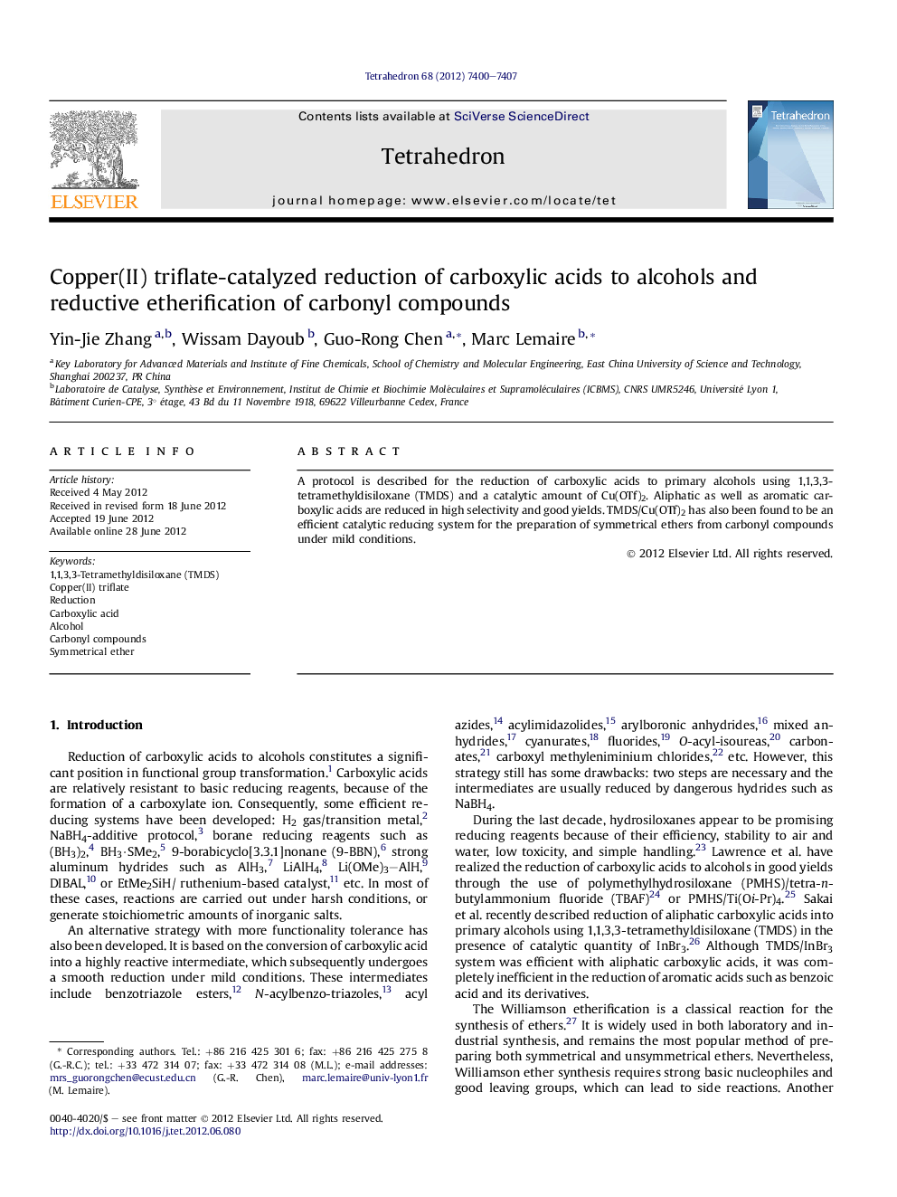 Copper(II) triflate-catalyzed reduction of carboxylic acids to alcohols and reductive etherification of carbonyl compounds