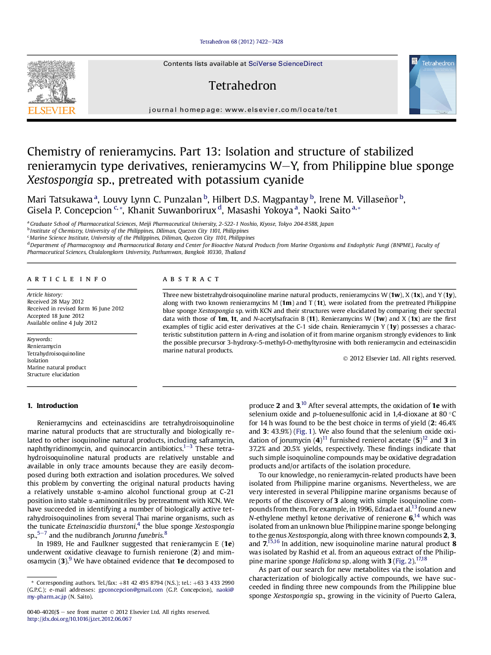 Chemistry of renieramycins. Part 13: Isolation and structure of stabilized renieramycin type derivatives, renieramycins W-Y, from Philippine blue sponge Xestospongia sp., pretreated with potassium cyanide