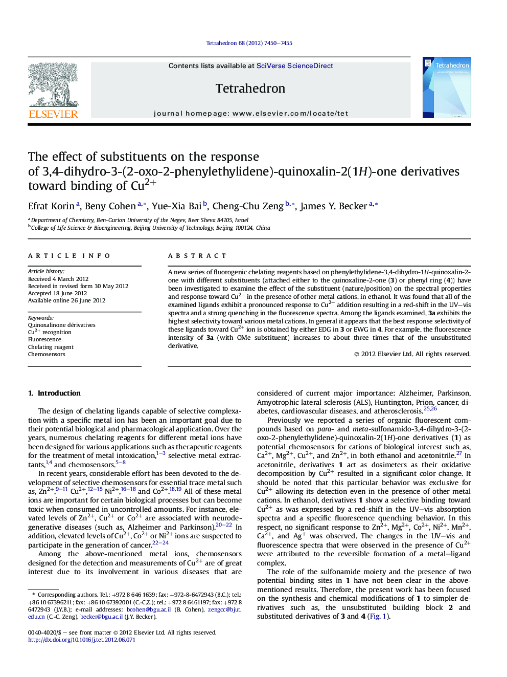 The effect of substituents on the response of 3,4-dihydro-3-(2-oxo-2-phenylethylidene)-quinoxalin-2(1H)-one derivatives toward binding of Cu2+