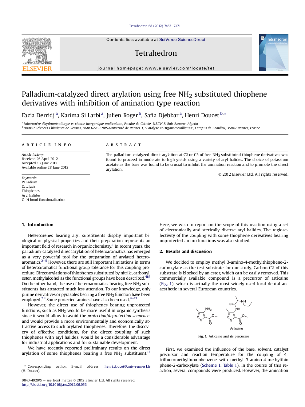 Palladium-catalyzed direct arylation using free NH2 substituted thiophene derivatives with inhibition of amination type reaction