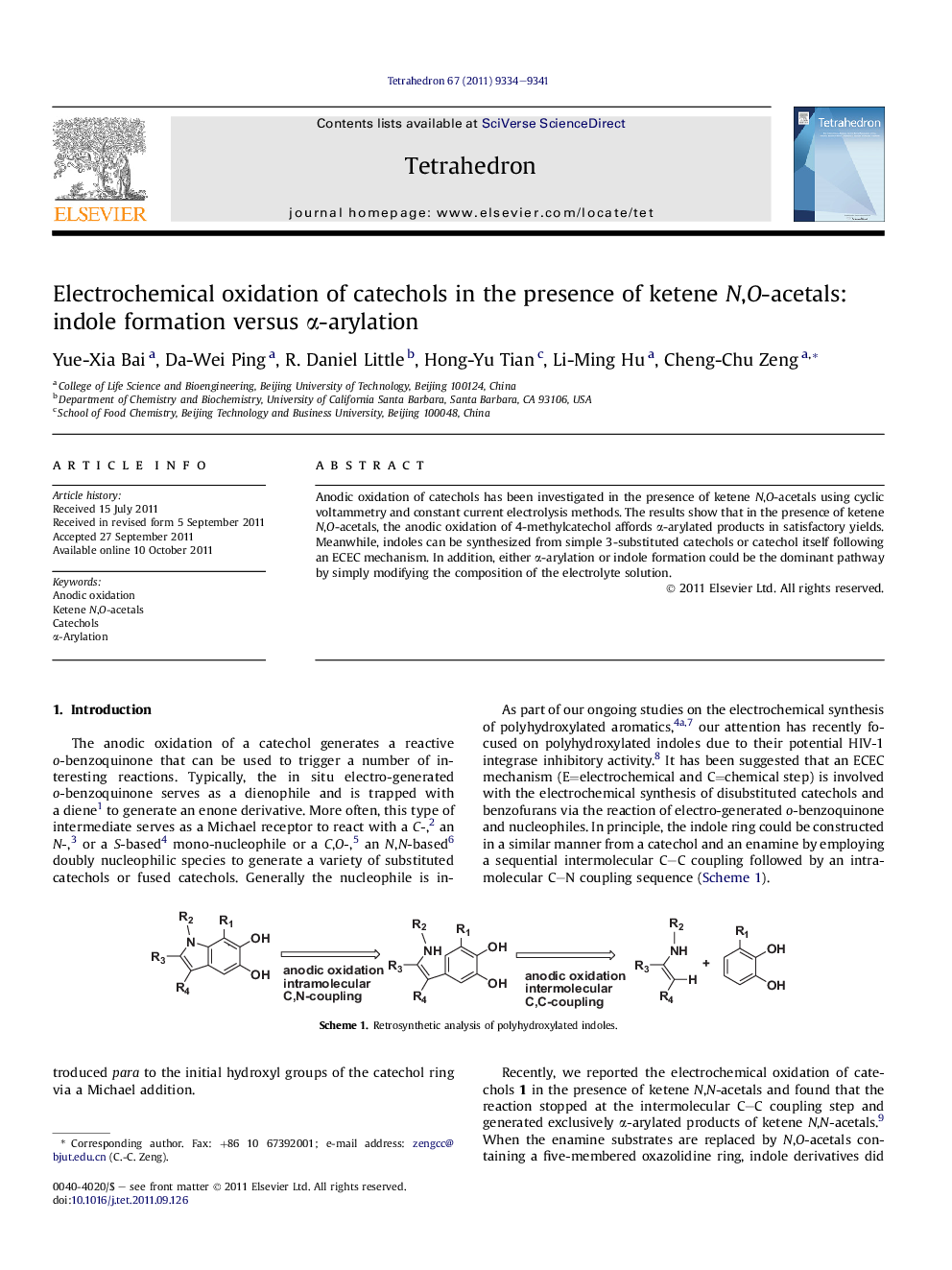 Electrochemical oxidation of catechols in the presence of ketene N,O-acetals: indole formation versus Î±-arylation