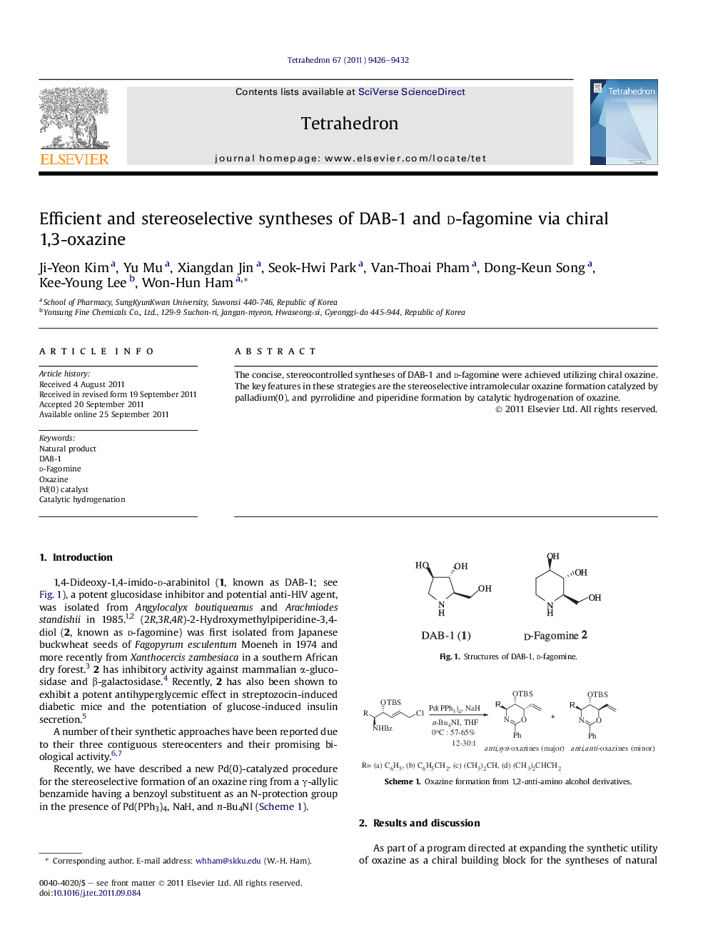 Efficient and stereoselective syntheses of DAB-1 and d-fagomine via chiral 1,3-oxazine