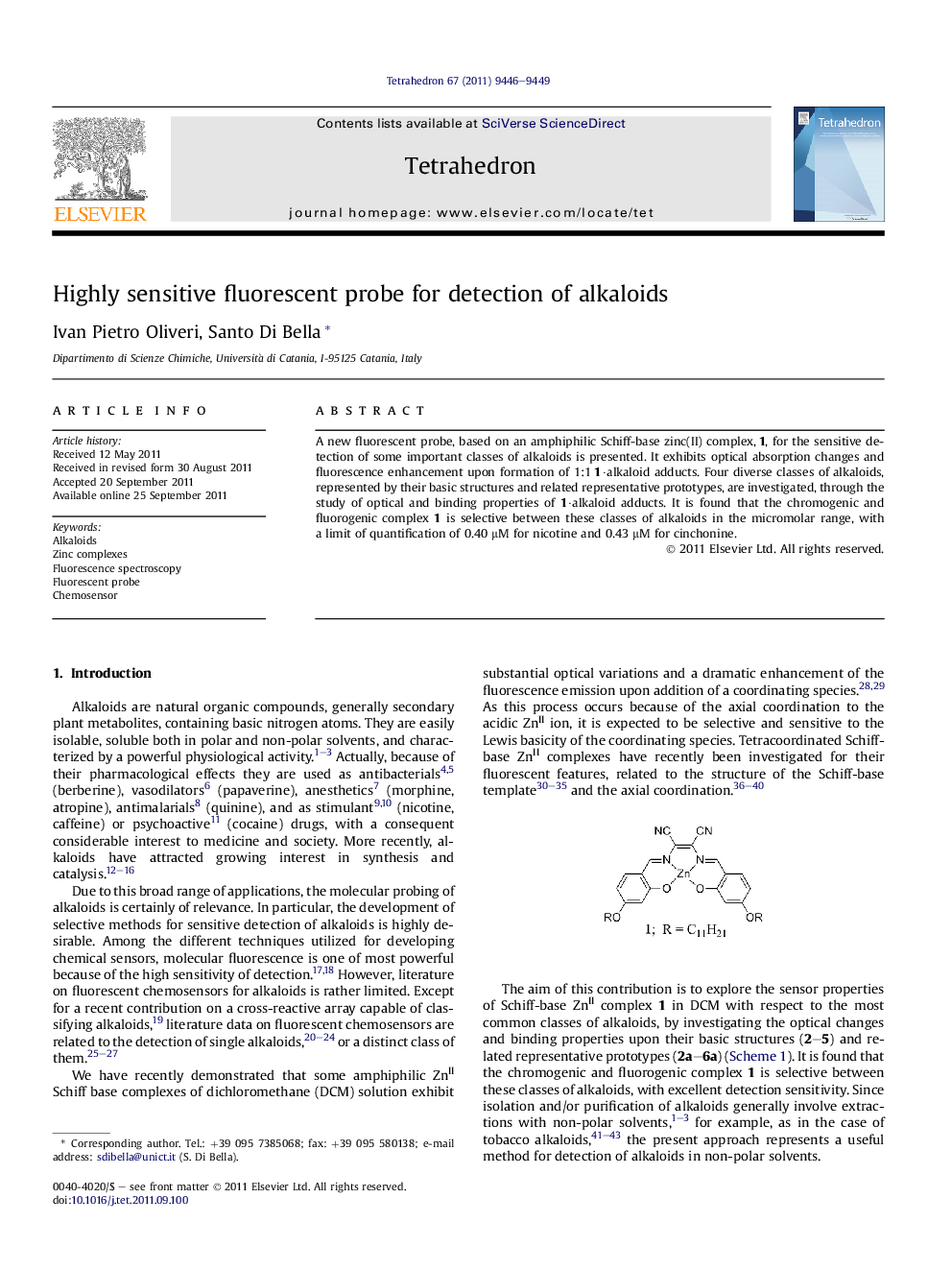 Highly sensitive fluorescent probe for detection of alkaloids