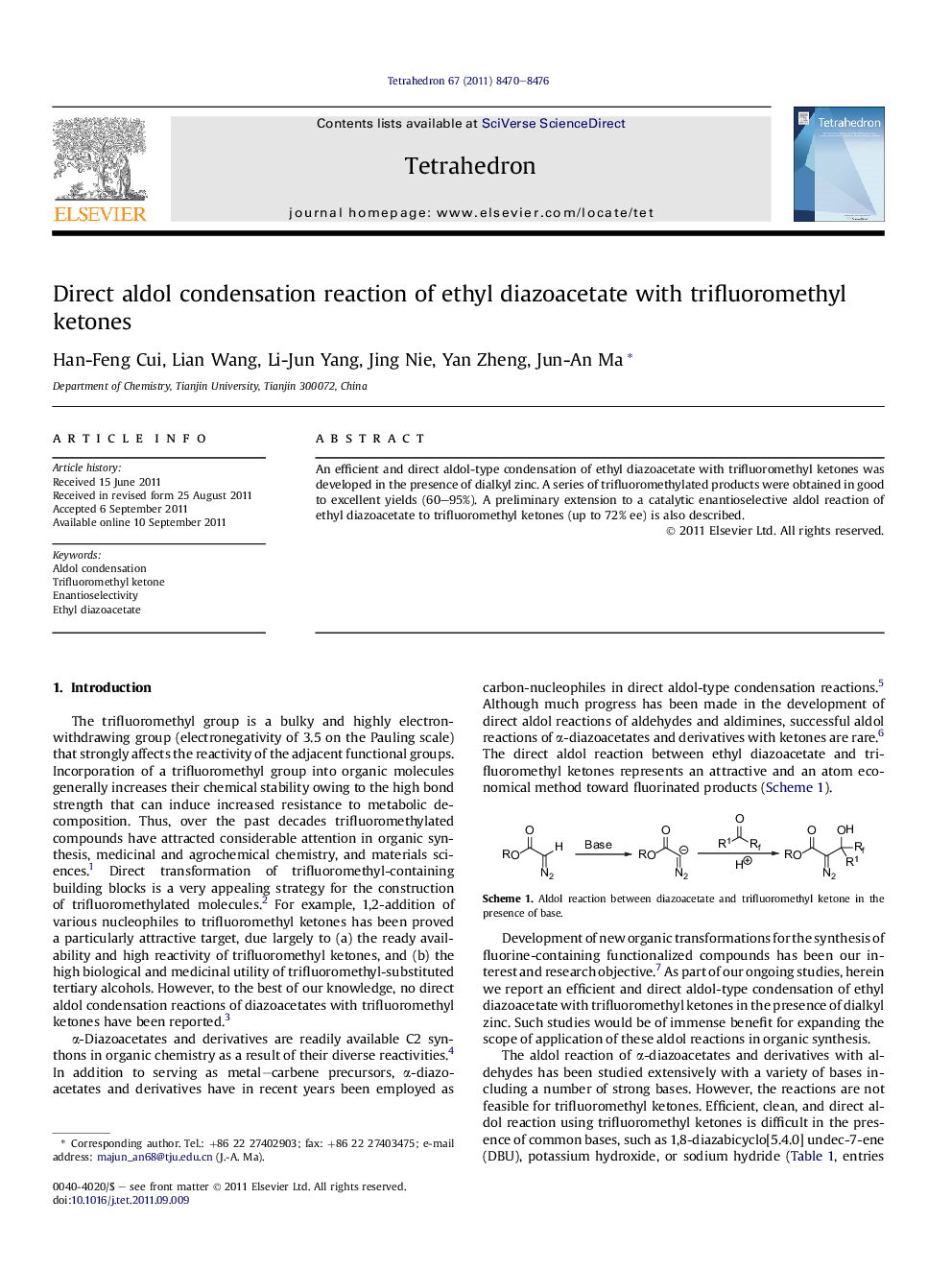 Direct aldol condensation reaction of ethyl diazoacetate with trifluoromethyl ketones