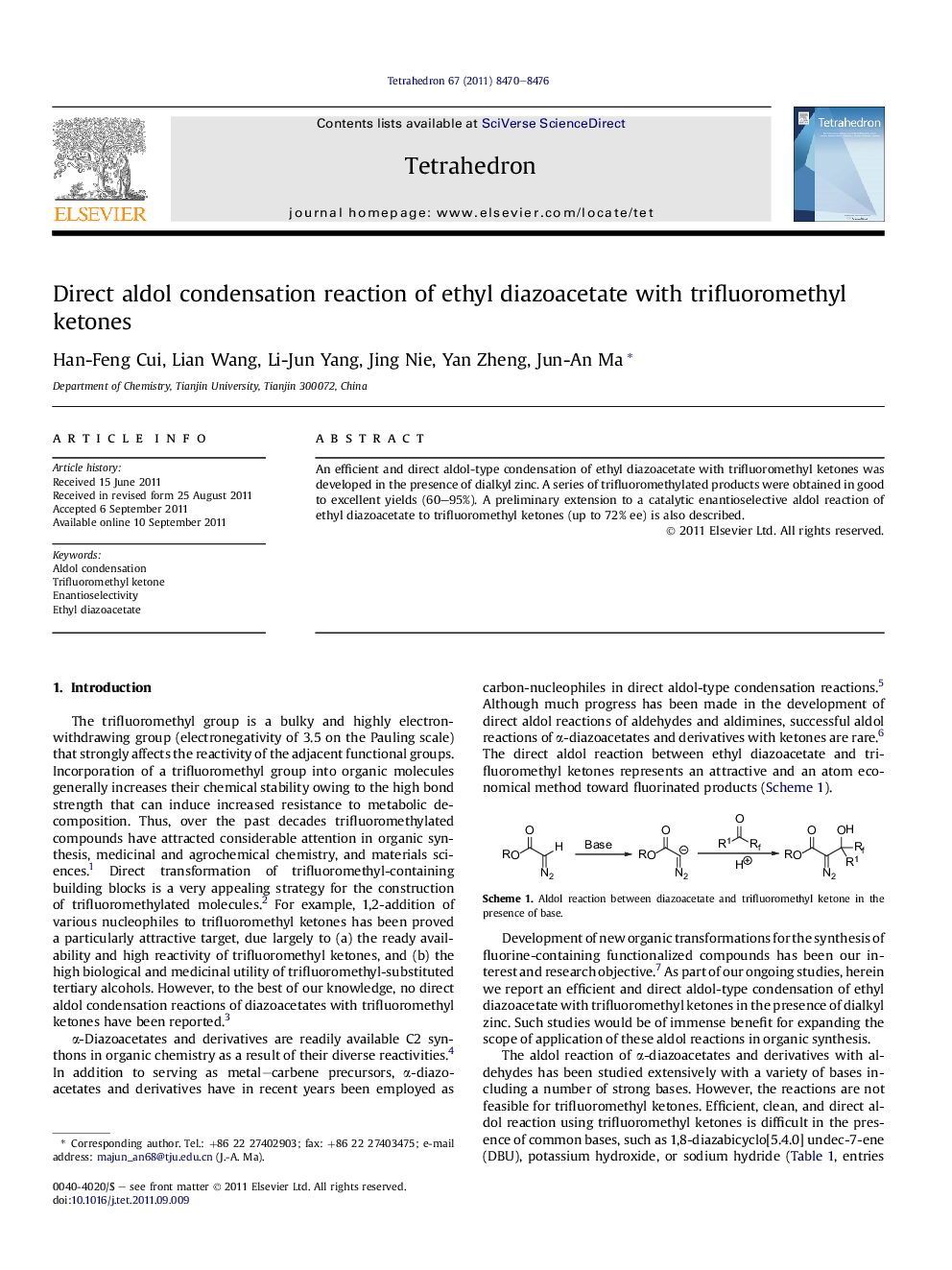 عکس صفحه اول مقاله: Direct aldol condensation reaction of ethyl diazoacetate with trifluoromethyl ketones Direct aldol condensation reaction of ethyl diazoacetate with trifluoromethyl ketones