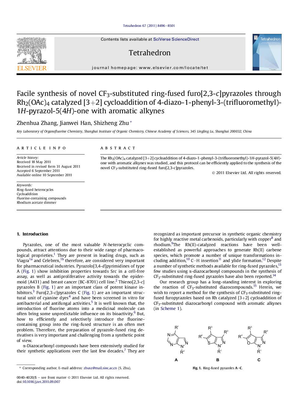 Facile synthesis of novel CF3-substituted ring-fused furo[2,3-c]pyrazoles through Rh2(OAc)4 catalyzed [3+2] cycloaddition of 4-diazo-1-phenyl-3-(trifluoromethyl)-1H-pyrazol-5(4H)-one with aromatic alkynes