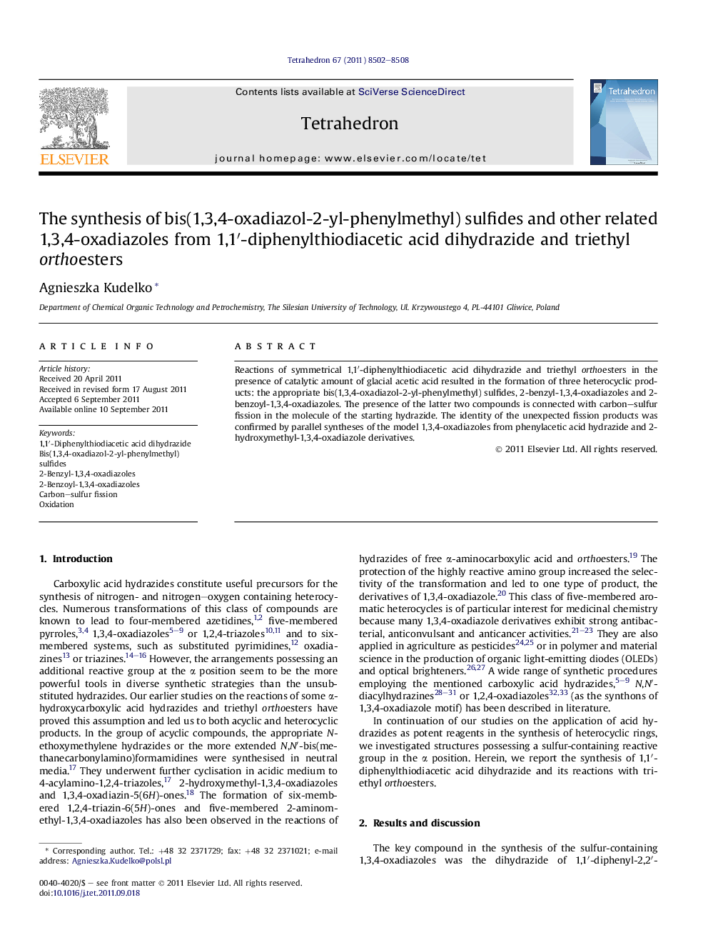 The synthesis of bis(1,3,4-oxadiazol-2-yl-phenylmethyl) sulfides and other related 1,3,4-oxadiazoles from 1,1′-diphenylthiodiacetic acid dihydrazide and triethyl orthoesters