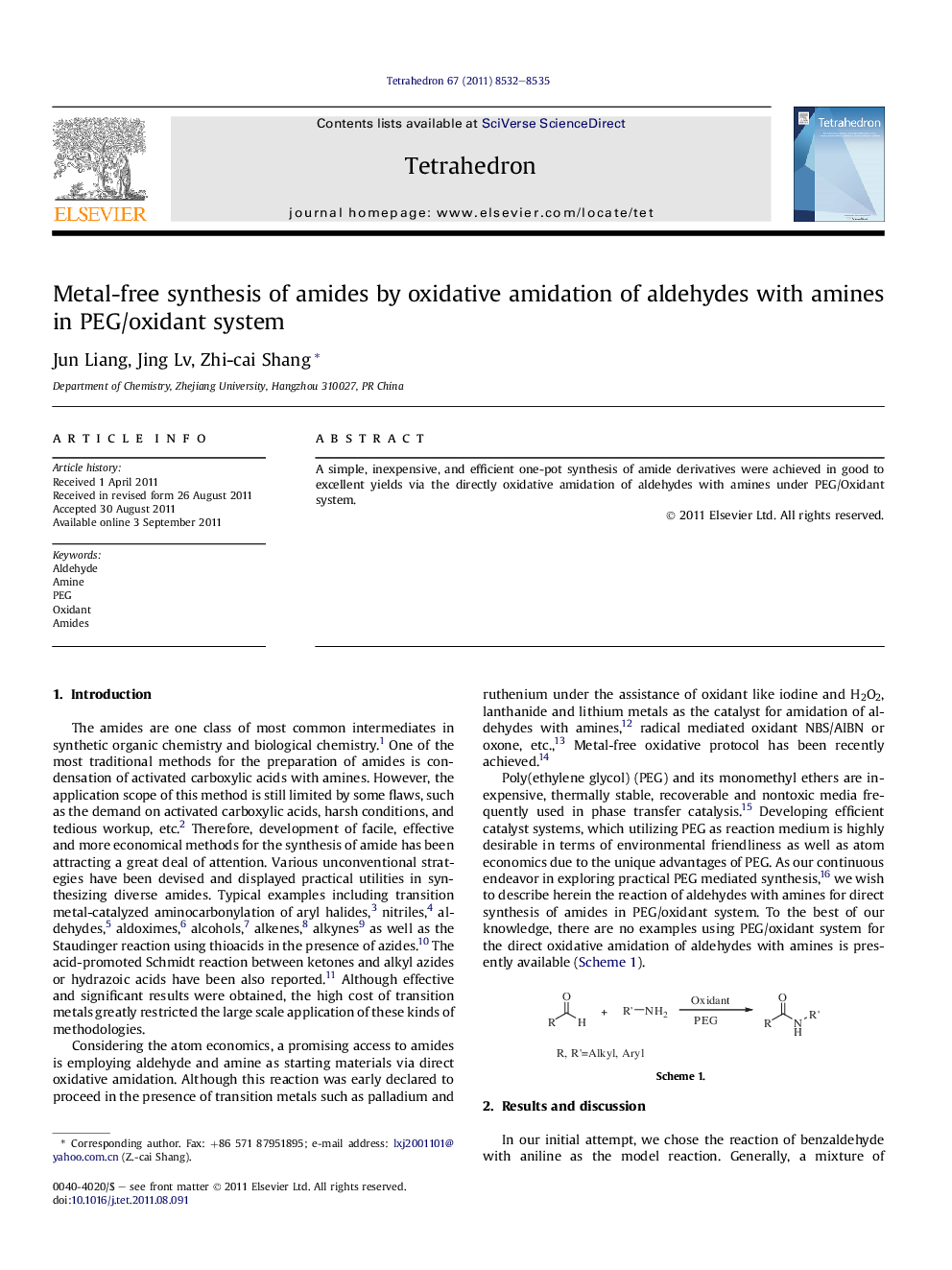 Metal-free synthesis of amides by oxidative amidation of aldehydes with amines in PEG/oxidant system