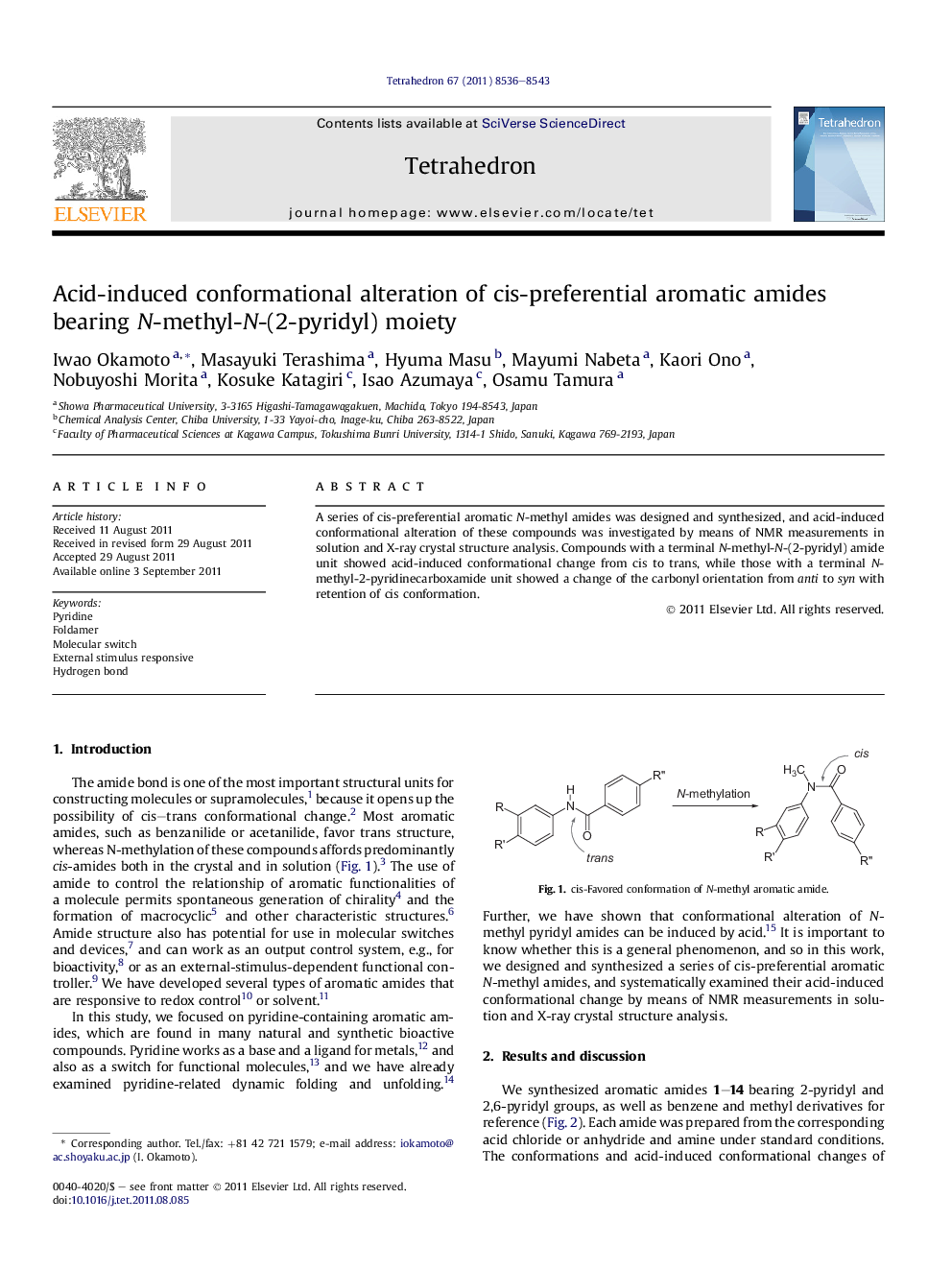 Acid-induced conformational alteration of cis-preferential aromatic amides bearing N-methyl-N-(2-pyridyl) moiety