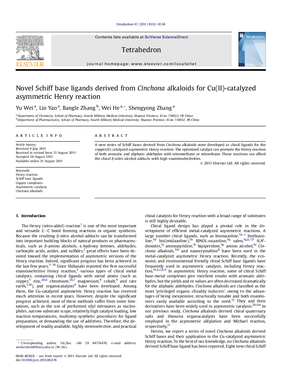 Novel Schiff base ligands derived from Cinchona alkaloids for Cu(II)-catalyzed asymmetric Henry reaction