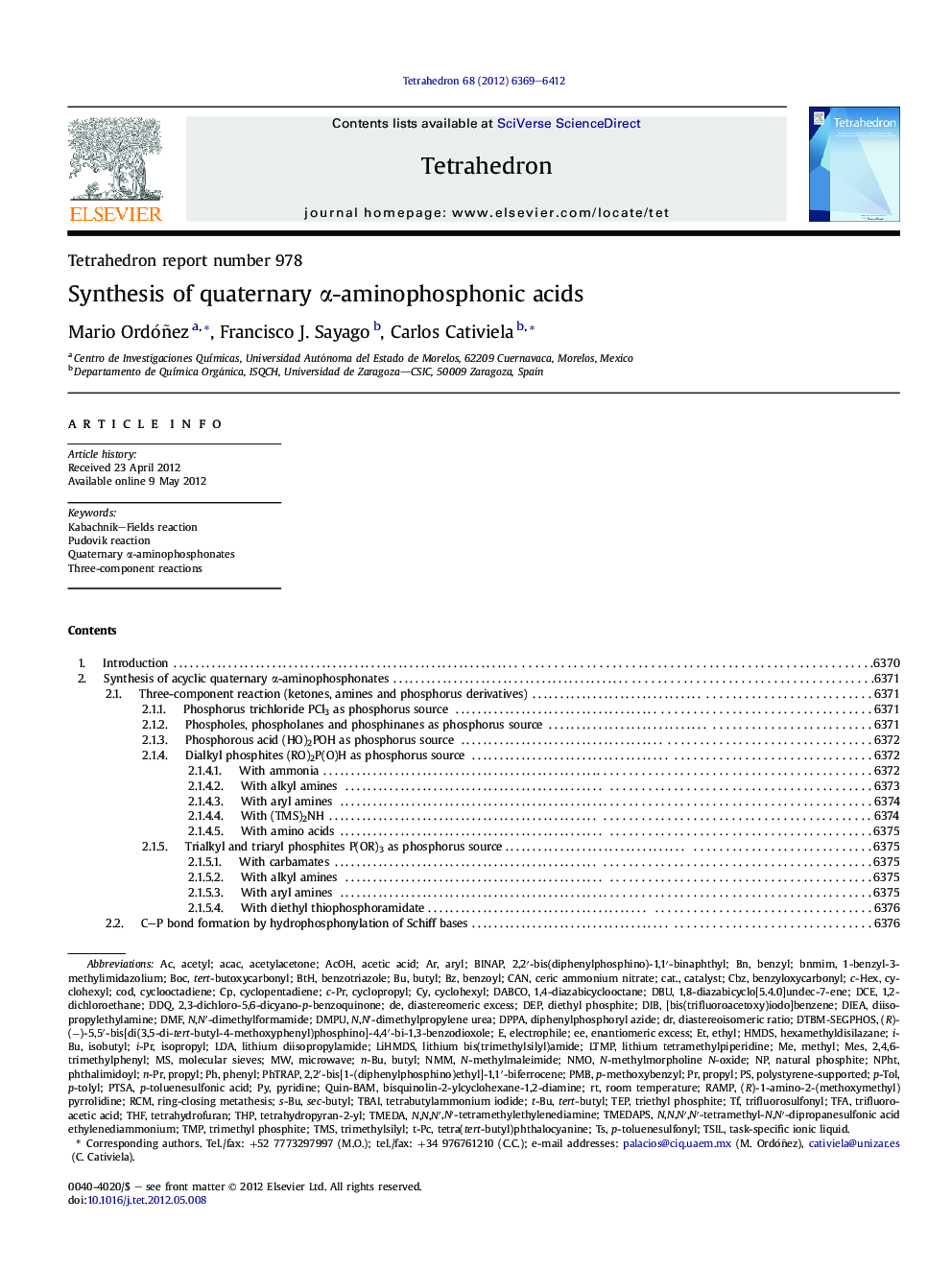 Tetrahedron report number 978Synthesis of quaternary Î±-aminophosphonic acids