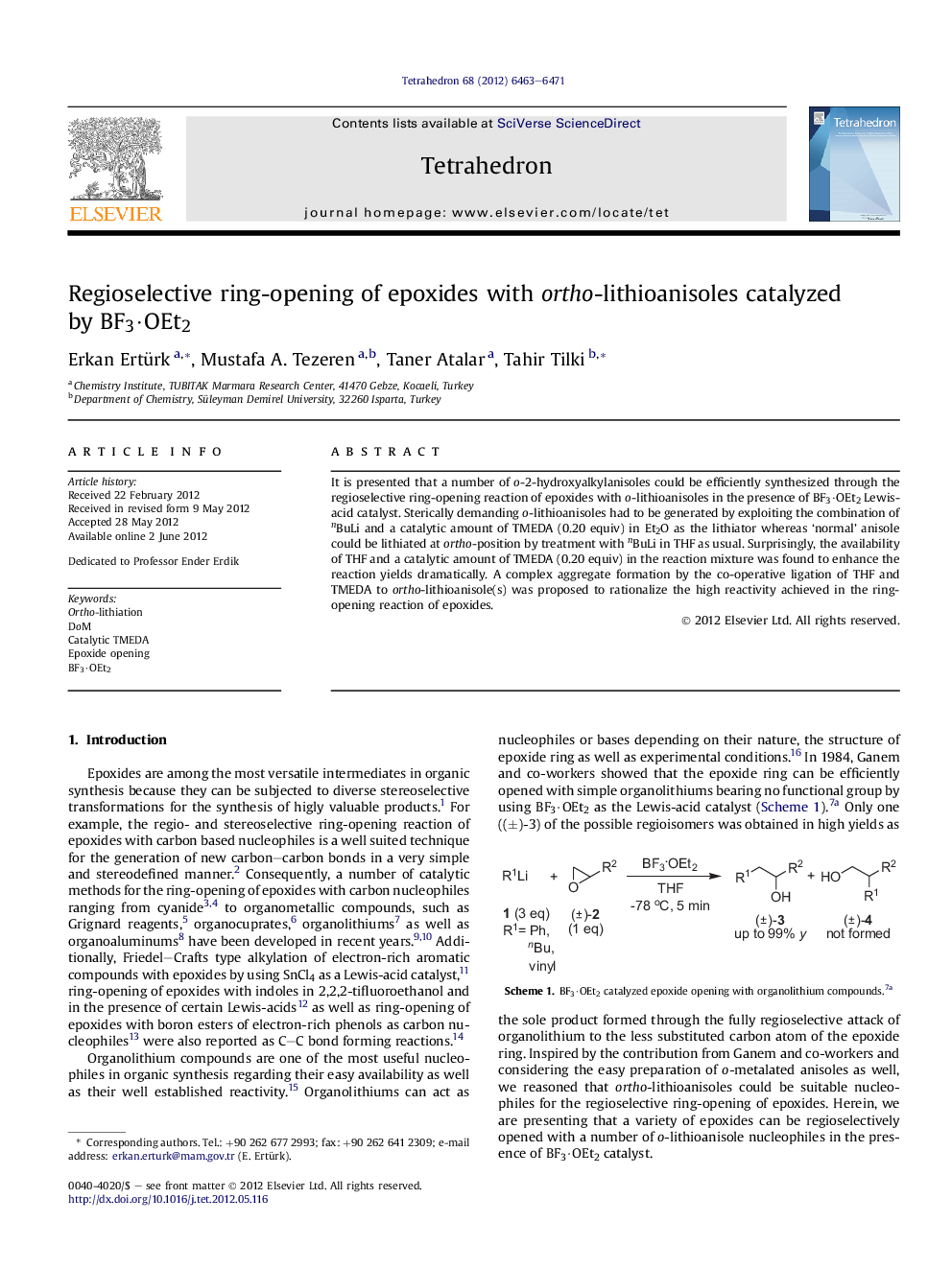 Regioselective ring-opening of epoxides with ortho-lithioanisoles catalyzed by BF3Â·OEt2