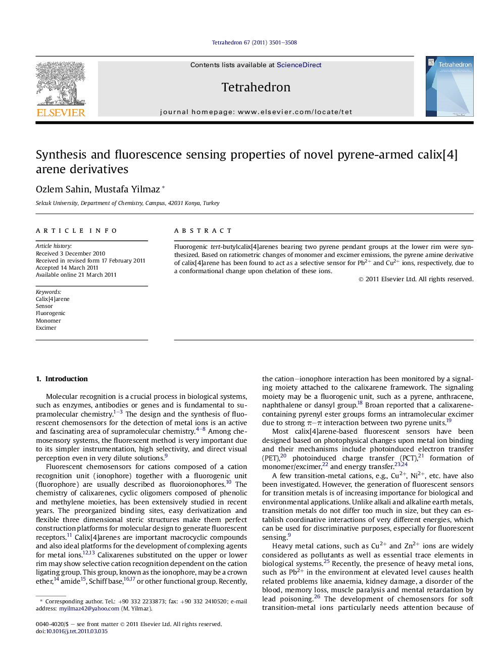 Synthesis and fluorescence sensing properties of novel pyrene-armed calix[4]arene derivatives