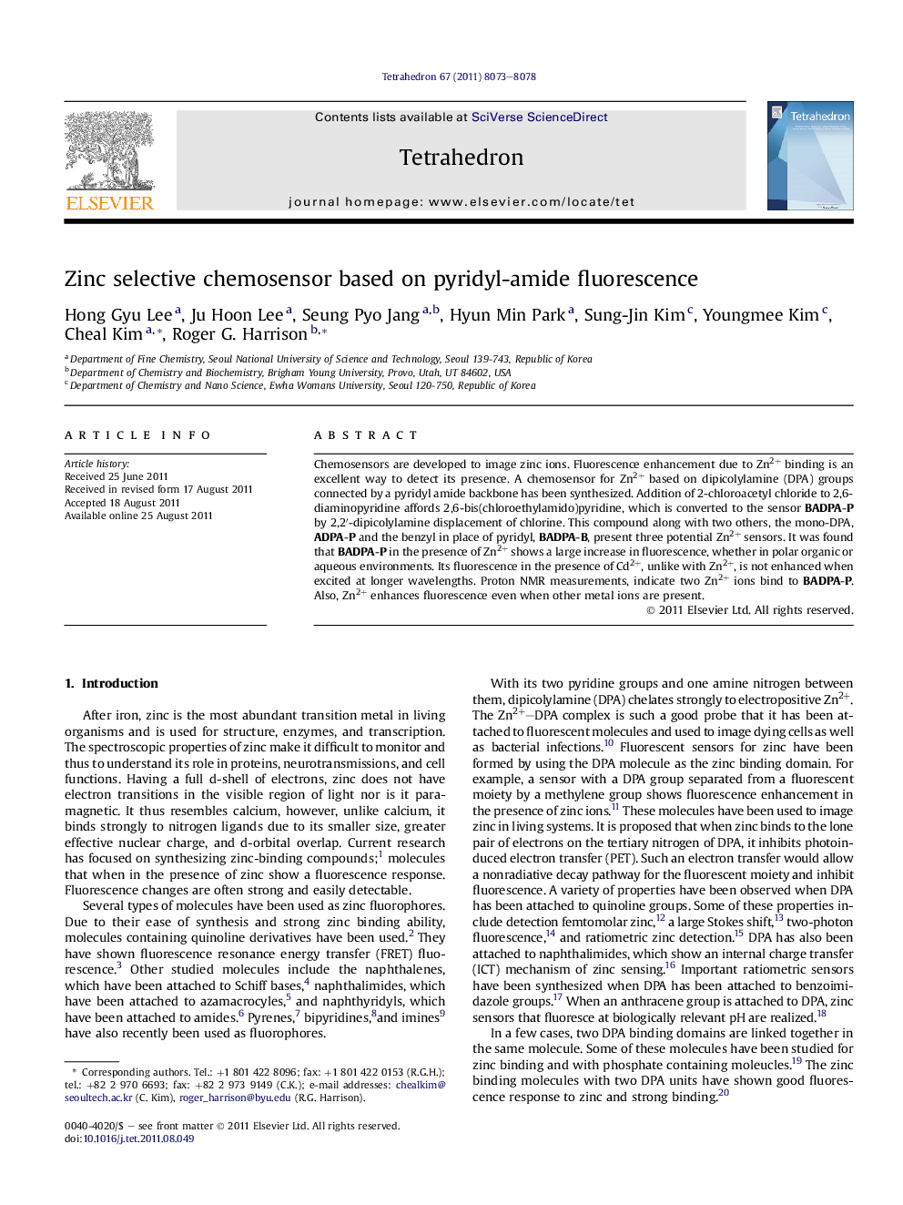 Zinc selective chemosensor based on pyridyl-amide fluorescence