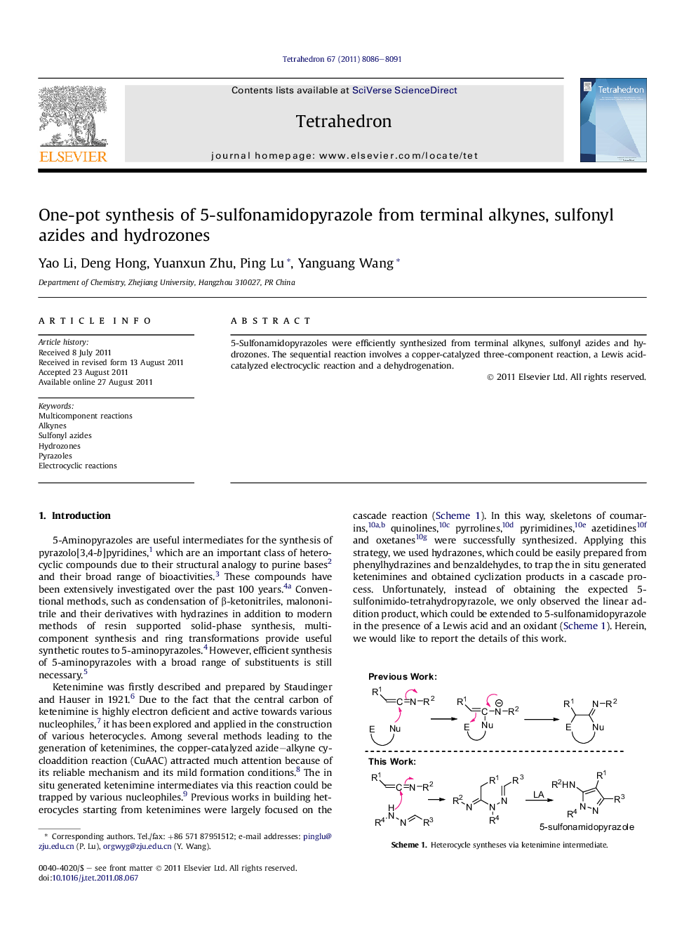 One-pot synthesis of 5-sulfonamidopyrazole from terminal alkynes, sulfonyl azides and hydrozones