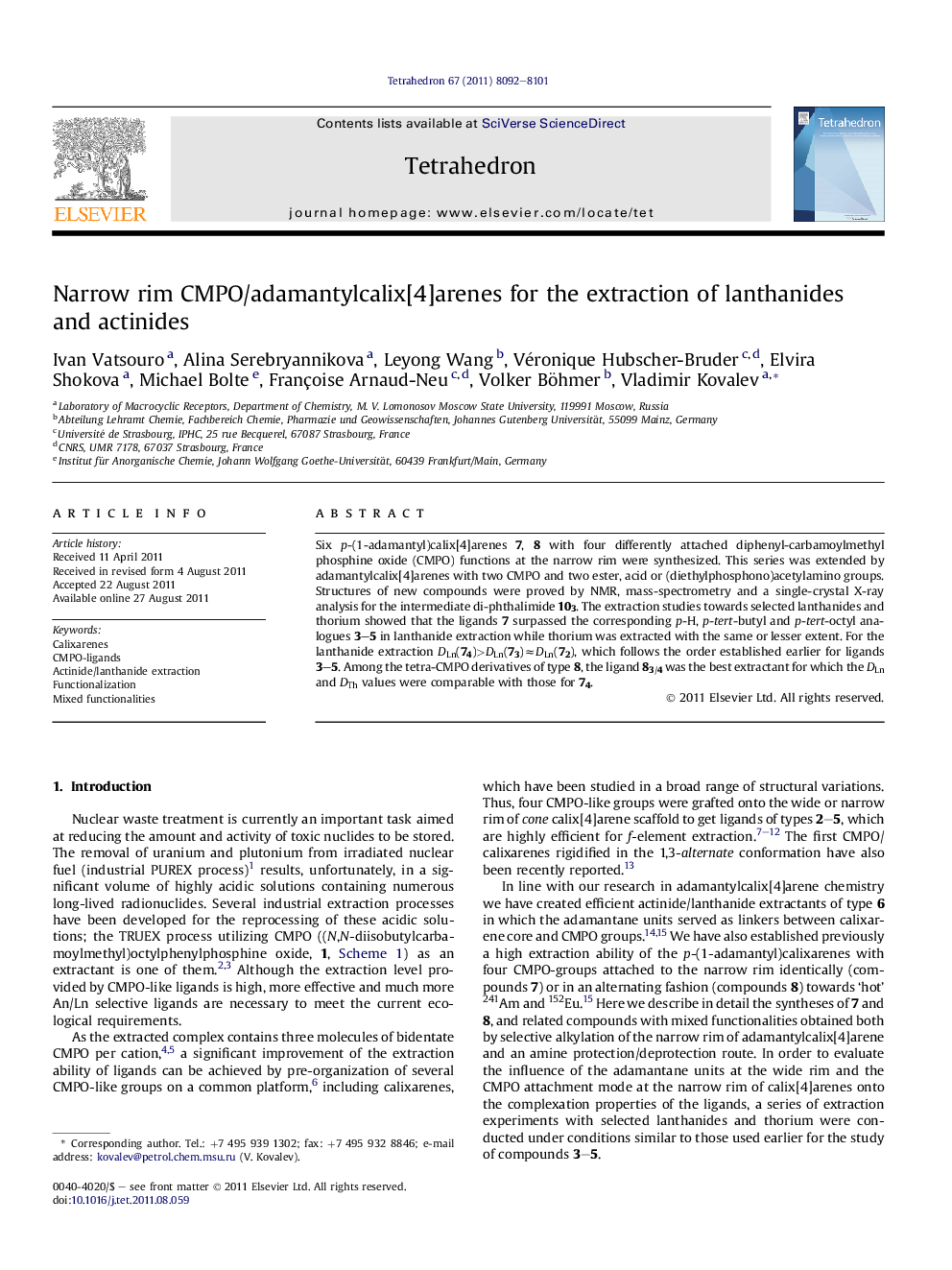 Narrow rim CMPO/adamantylcalix[4]arenes for the extraction of lanthanides and actinides