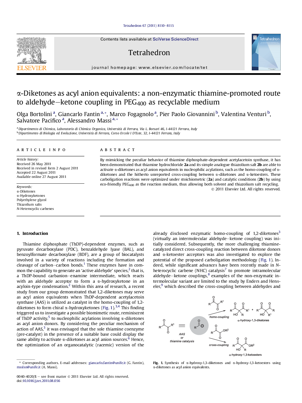 Î±-Diketones as acyl anion equivalents: a non-enzymatic thiamine-promoted route to aldehyde-ketone coupling in PEG400 as recyclable medium