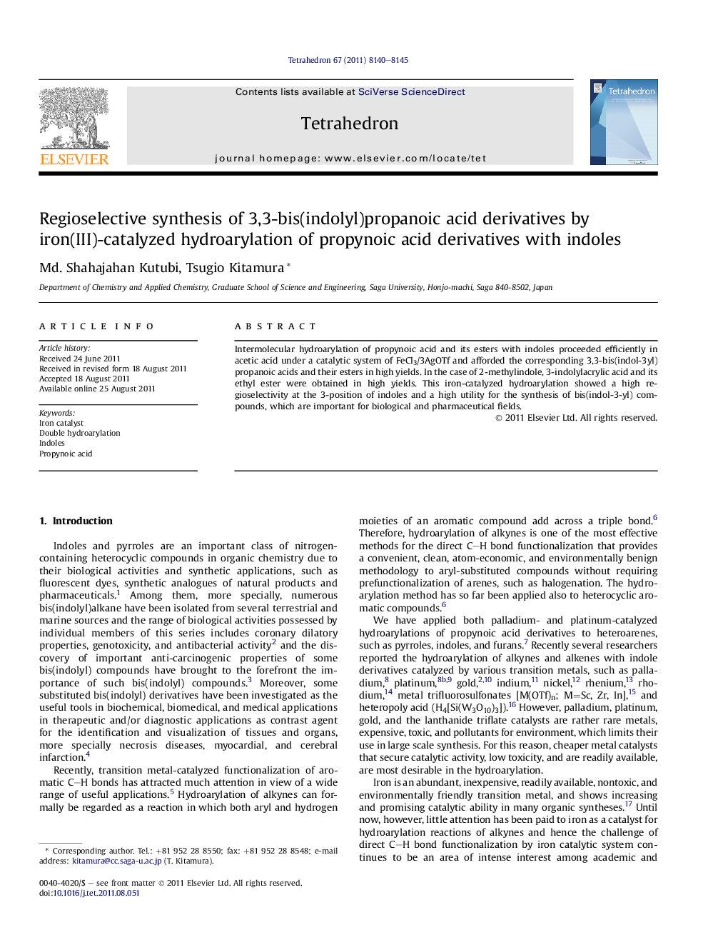 Regioselective synthesis of 3,3-bis(indolyl)propanoic acid derivatives by iron(III)-catalyzed hydroarylation of propynoic acid derivatives with indoles