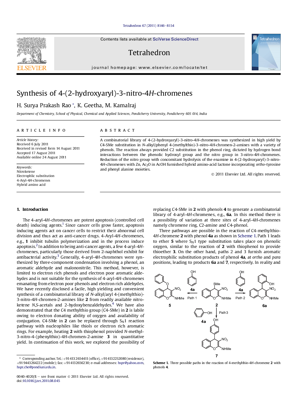 Synthesis of 4-(2-hydroxyaryl)-3-nitro-4H-chromenes