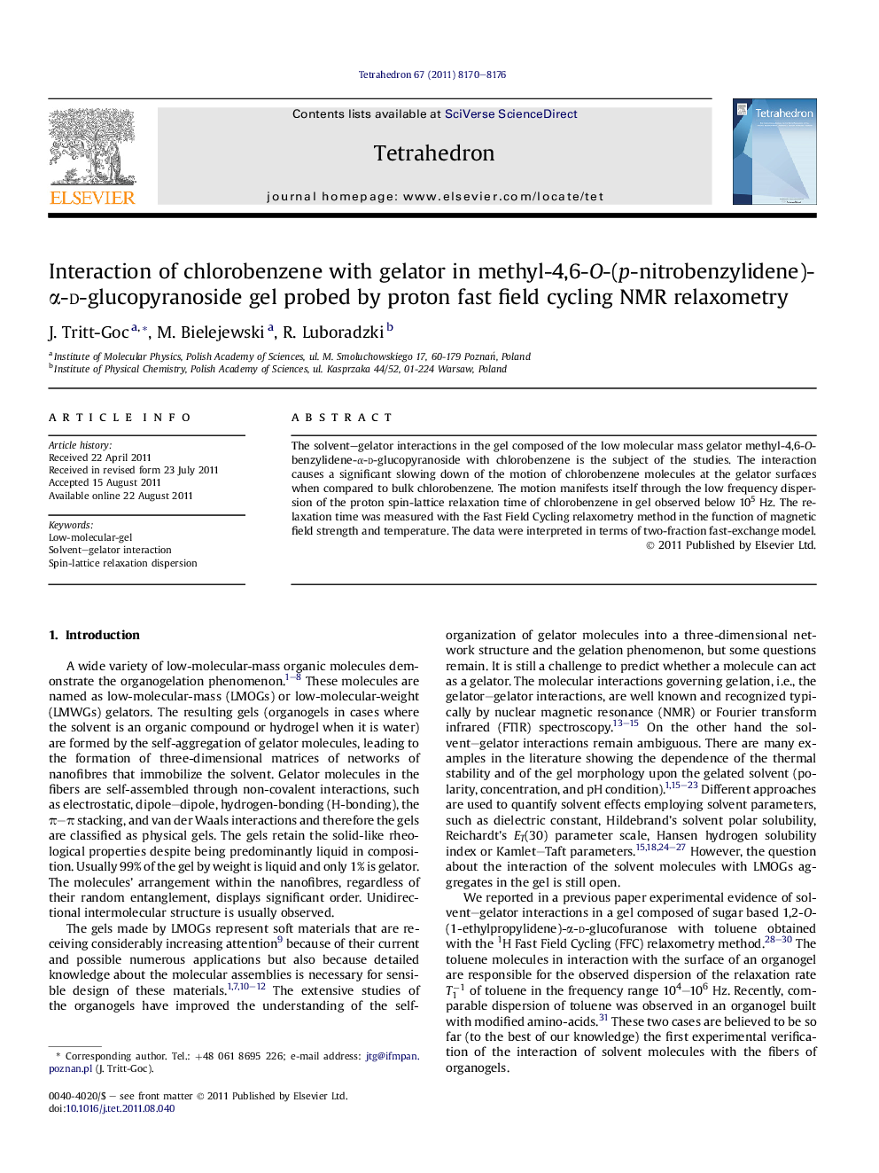 Interaction of chlorobenzene with gelator in methyl-4,6-O-(p-nitrobenzylidene)-Î±-d-glucopyranoside gel probed by proton fast field cycling NMR relaxometry