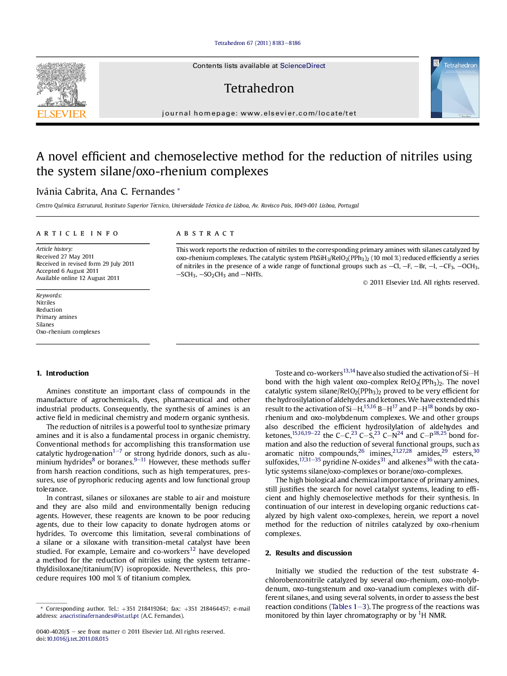 A novel efficient and chemoselective method for the reduction of nitriles using the system silane/oxo-rhenium complexes