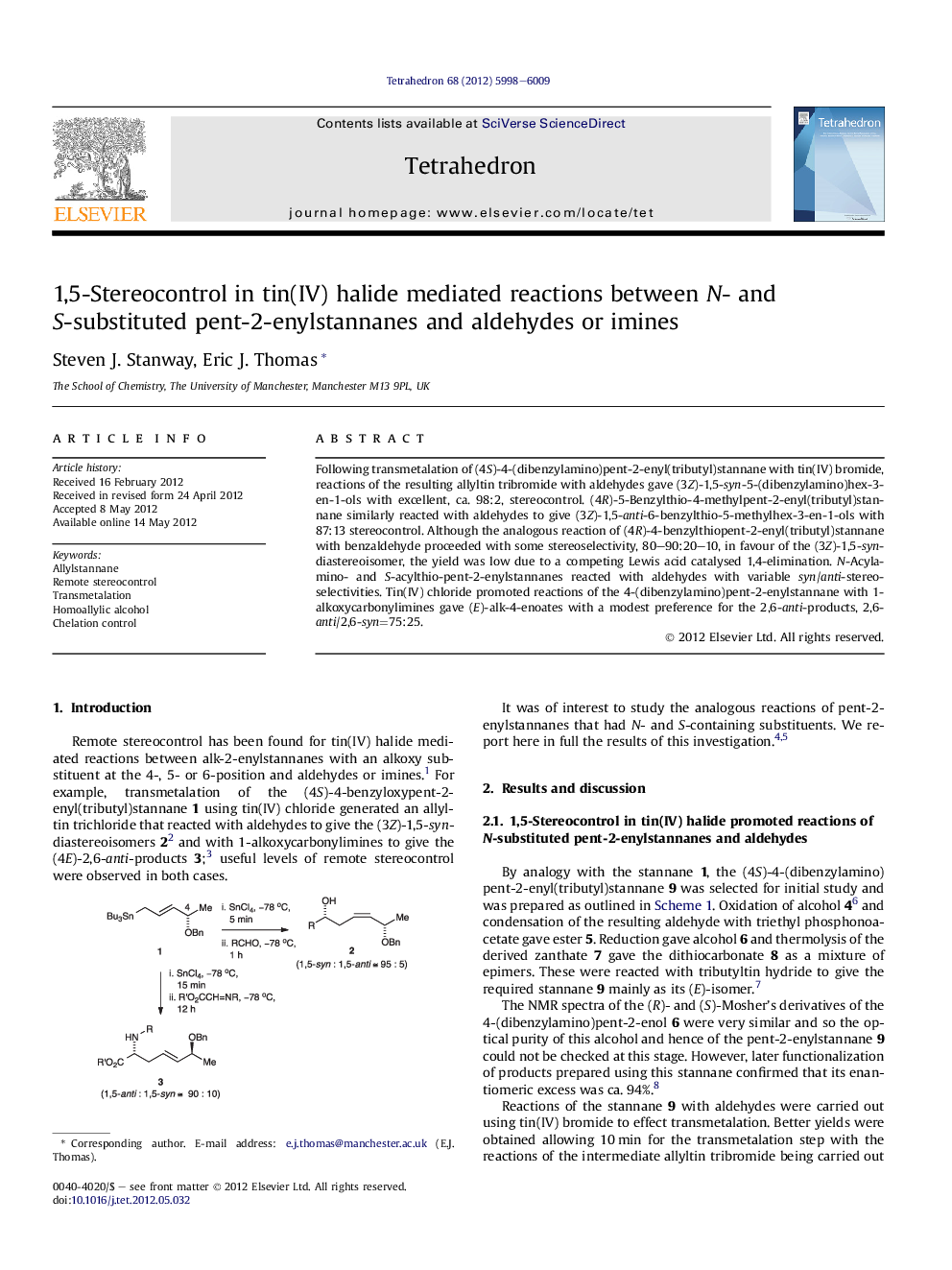 1,5-Stereocontrol in tin(IV) halide mediated reactions between N- and S-substituted pent-2-enylstannanes and aldehydes or imines