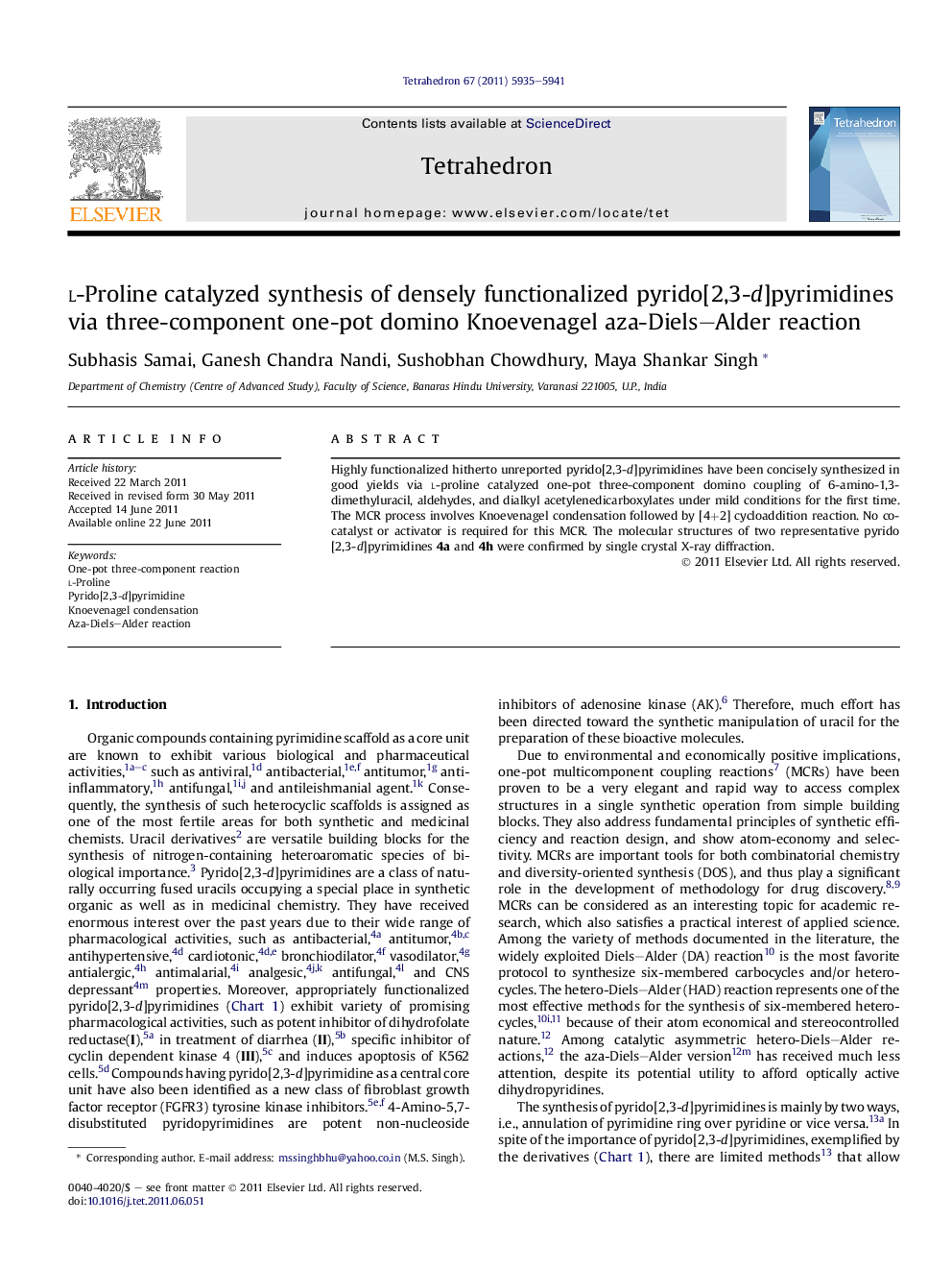 l-Proline catalyzed synthesis of densely functionalized pyrido[2,3-d]pyrimidines via three-component one-pot domino Knoevenagel aza-Diels–Alder reaction