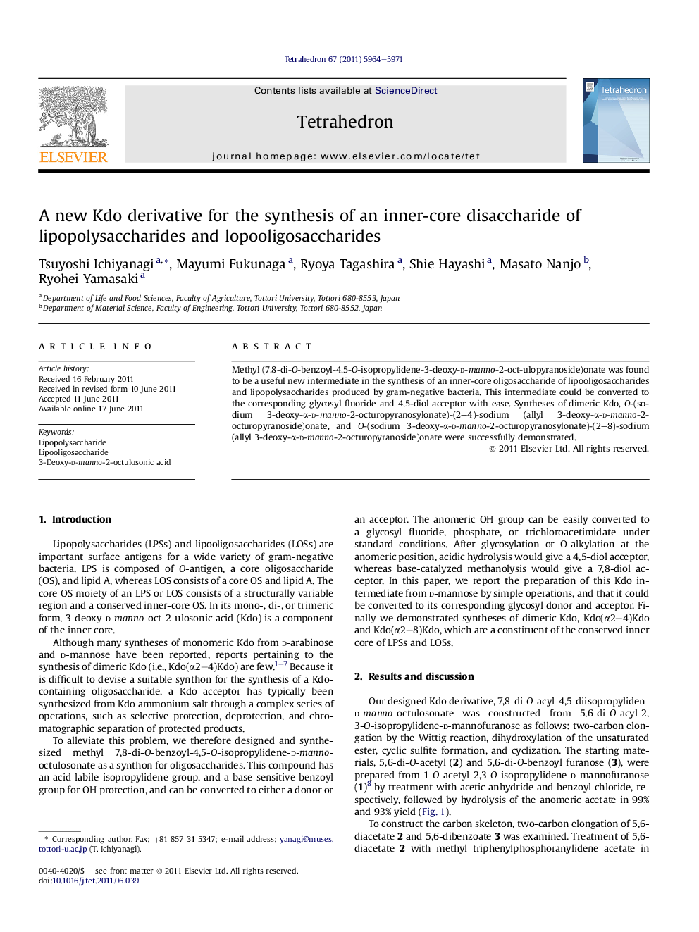 A new Kdo derivative for the synthesis of an inner-core disaccharide of lipopolysaccharides and lopooligosaccharides