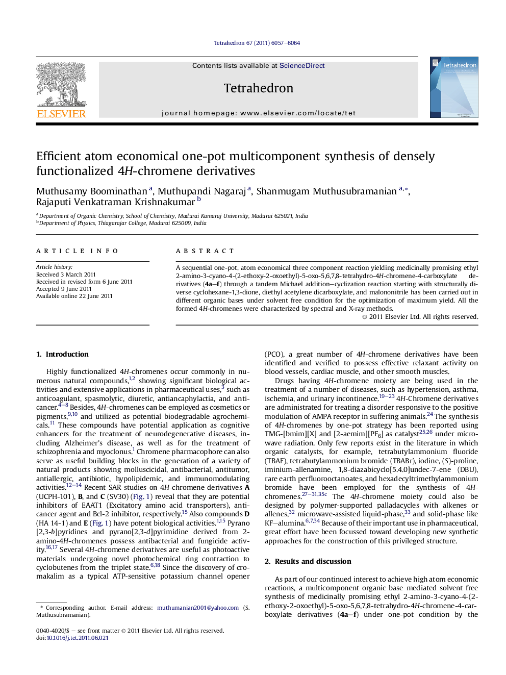 عکس صفحه اول مقاله: Efficient atom economical one-pot multicomponent synthesis of densely functionalized 4H-chromene derivatives Efficient atom economical one-pot multicomponent synthesis of densely functionalized 4H-chromene derivatives