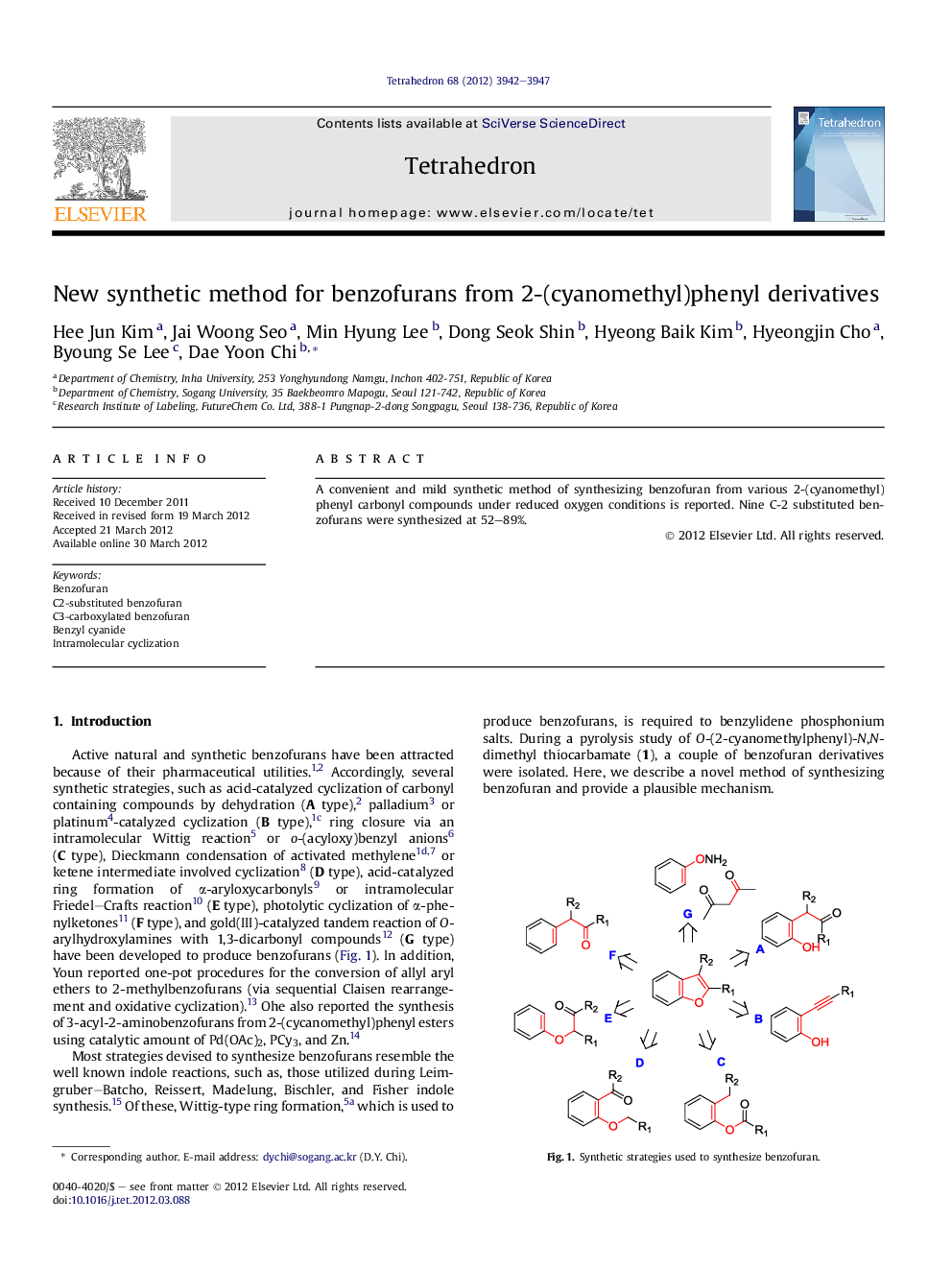 عکس صفحه اول مقاله: New synthetic method for benzofurans from 2-(cyanomethyl)phenyl derivatives New synthetic method for benzofurans from 2-(cyanomethyl)phenyl derivatives