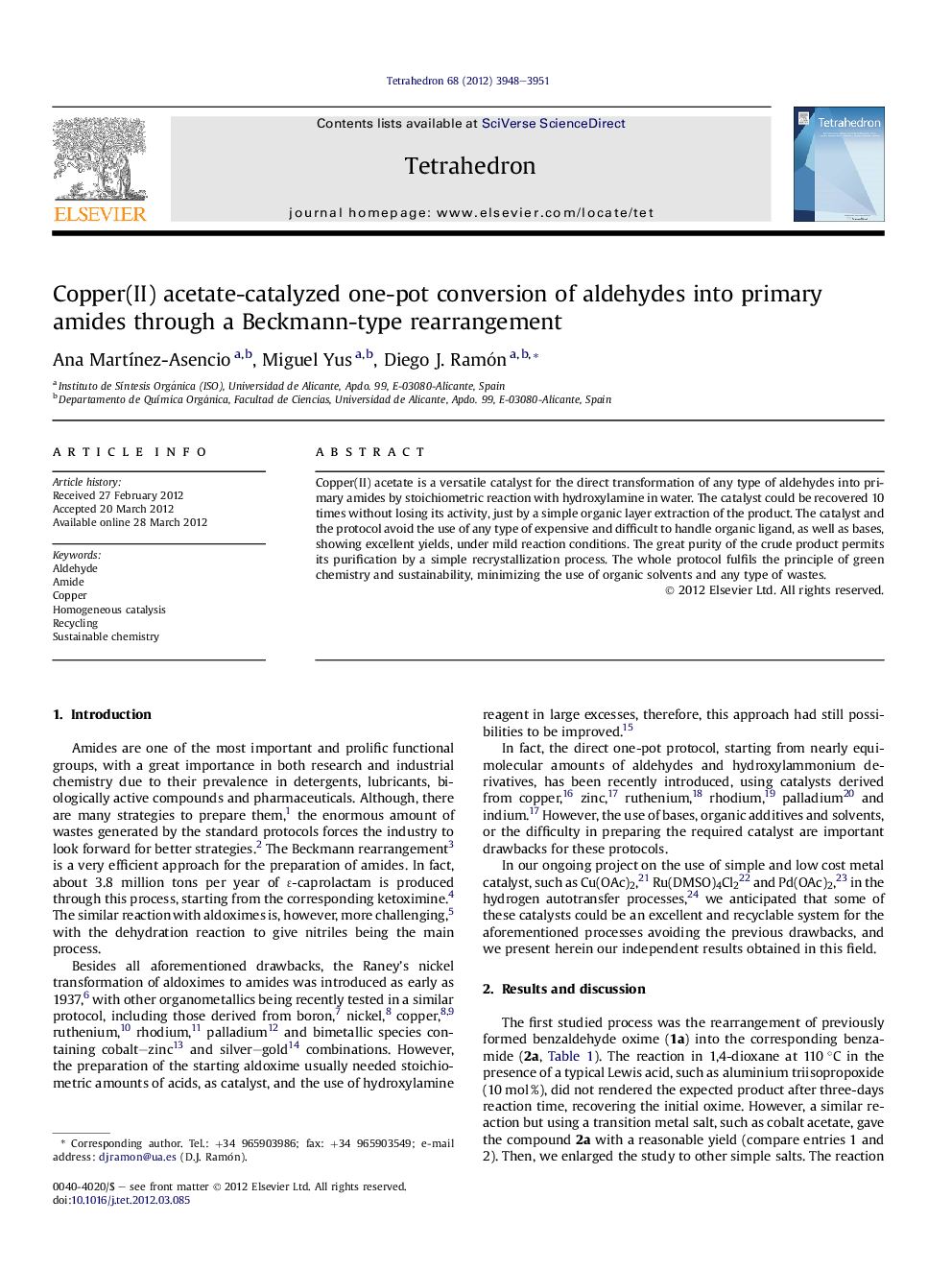 عکس صفحه اول مقاله: Copper(II) acetate-catalyzed one-pot conversion of aldehydes into primary amides through a Beckmann-type rearrangement Copper(II) acetate-catalyzed one-pot conversion of aldehydes into primary amides through a Beckmann-type rearrangement