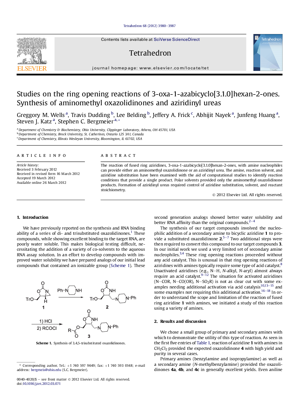 Studies on the ring opening reactions of 3-oxa-1-azabicyclo[3.1.0]hexan-2-ones. Synthesis of aminomethyl oxazolidinones and aziridinyl ureas