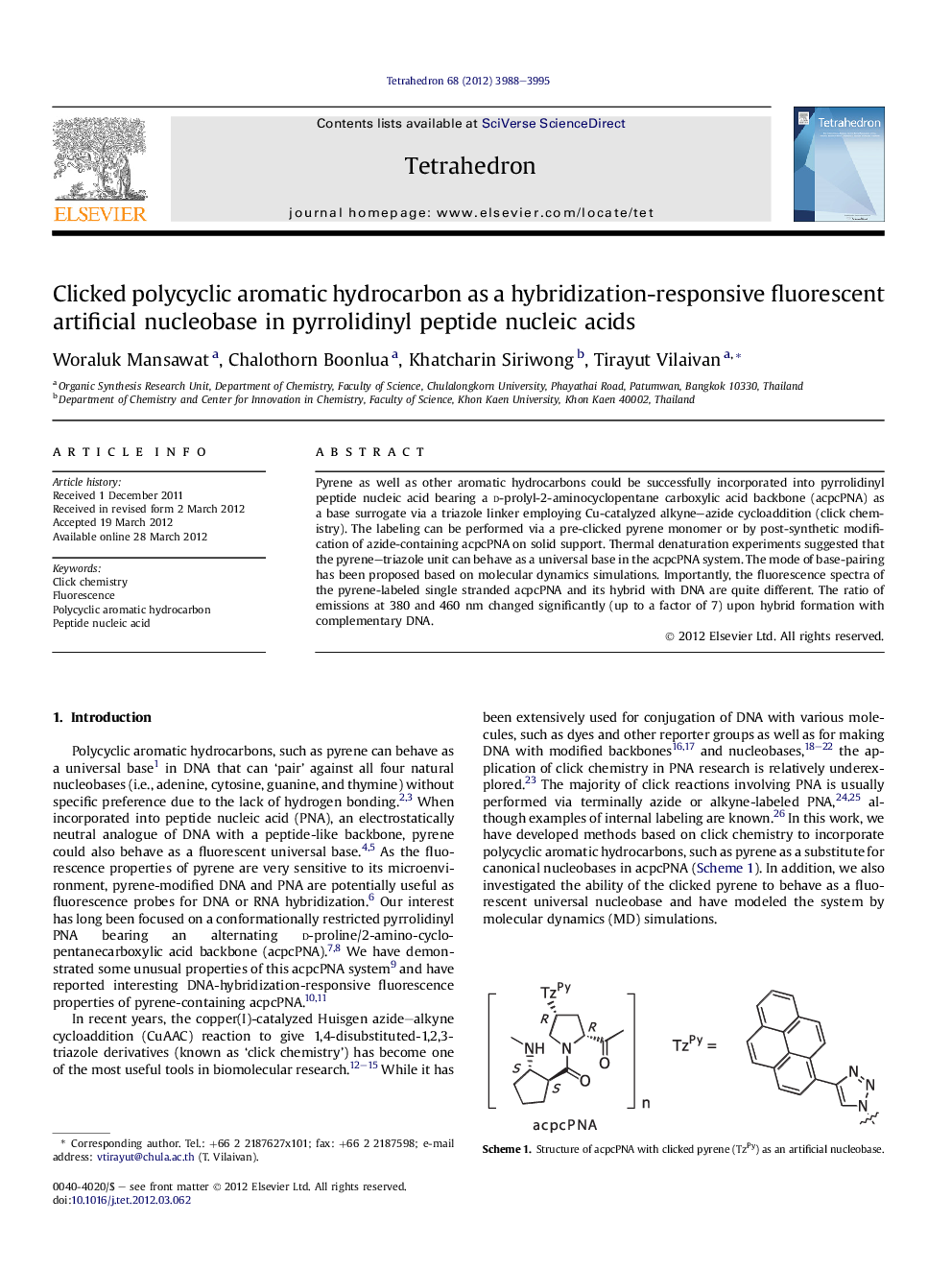 Clicked polycyclic aromatic hydrocarbon as a hybridization-responsive fluorescent artificial nucleobase in pyrrolidinyl peptide nucleic acids