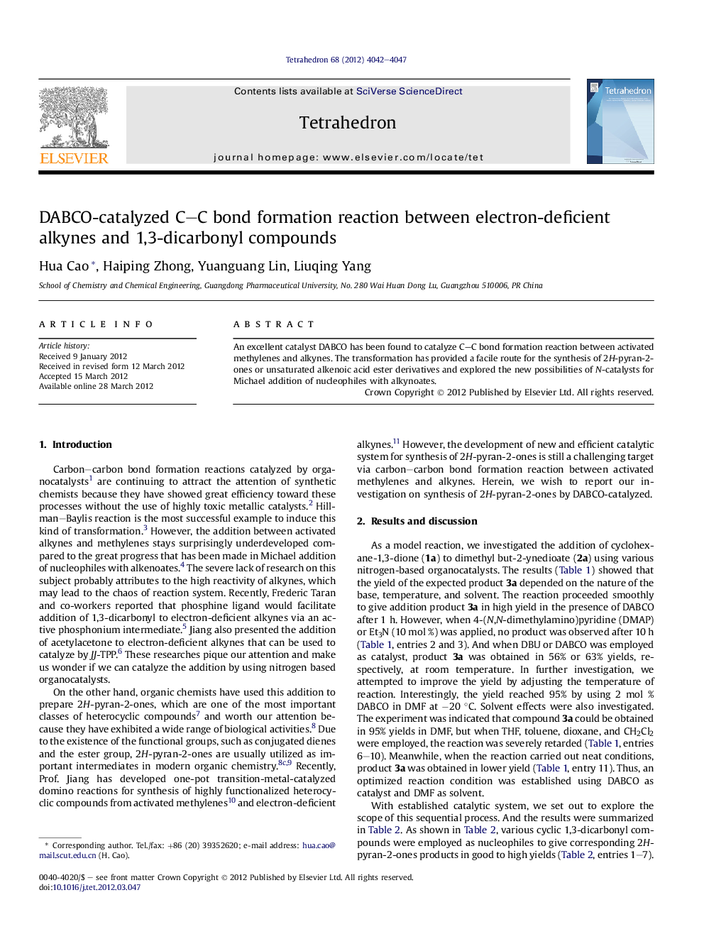 عکس صفحه اول مقاله: DABCO-catalyzed C-C bond formation reaction between electron-deficient alkynes and 1,3-dicarbonyl compounds DABCO-catalyzed C-C bond formation reaction between electron-deficient alkynes and 1,3-dicarbonyl compounds