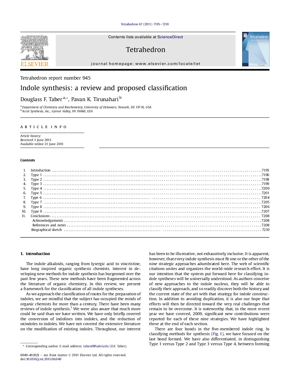 Tetrahedron report number 945Indole synthesis: a review and proposed classification