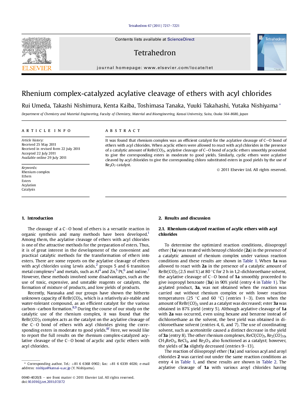عکس صفحه اول مقاله: Rhenium complex-catalyzed acylative cleavage of ethers with acyl chlorides Rhenium complex-catalyzed acylative cleavage of ethers with acyl chlorides