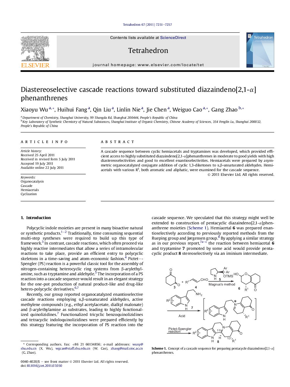 Diastereoselective cascade reactions toward substituted diazaindeno[2,1-Î±]phenanthrenes