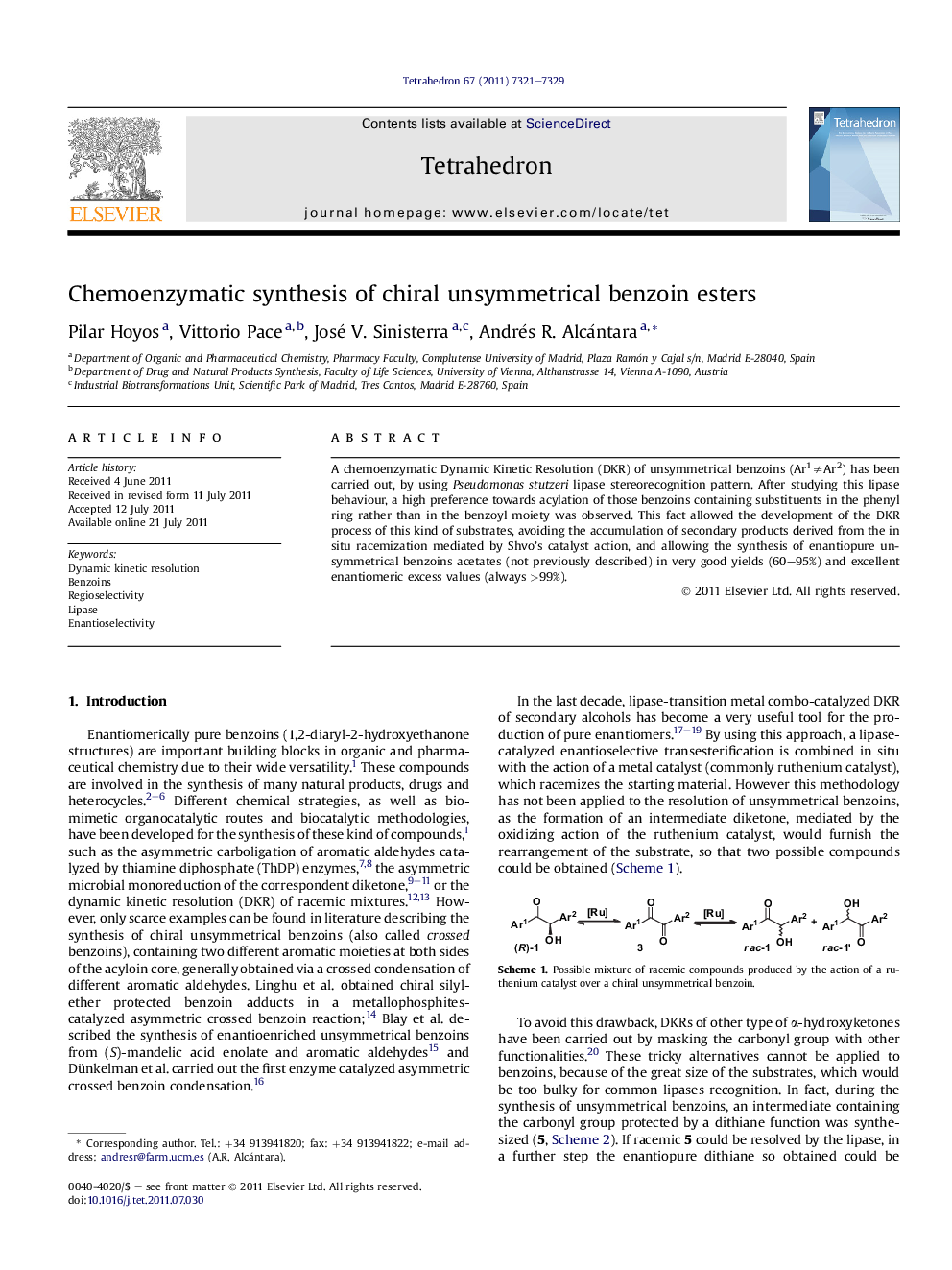 Chemoenzymatic synthesis of chiral unsymmetrical benzoin esters