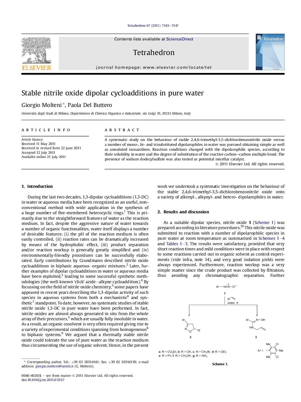 Stable nitrile oxide dipolar cycloadditions in pure water