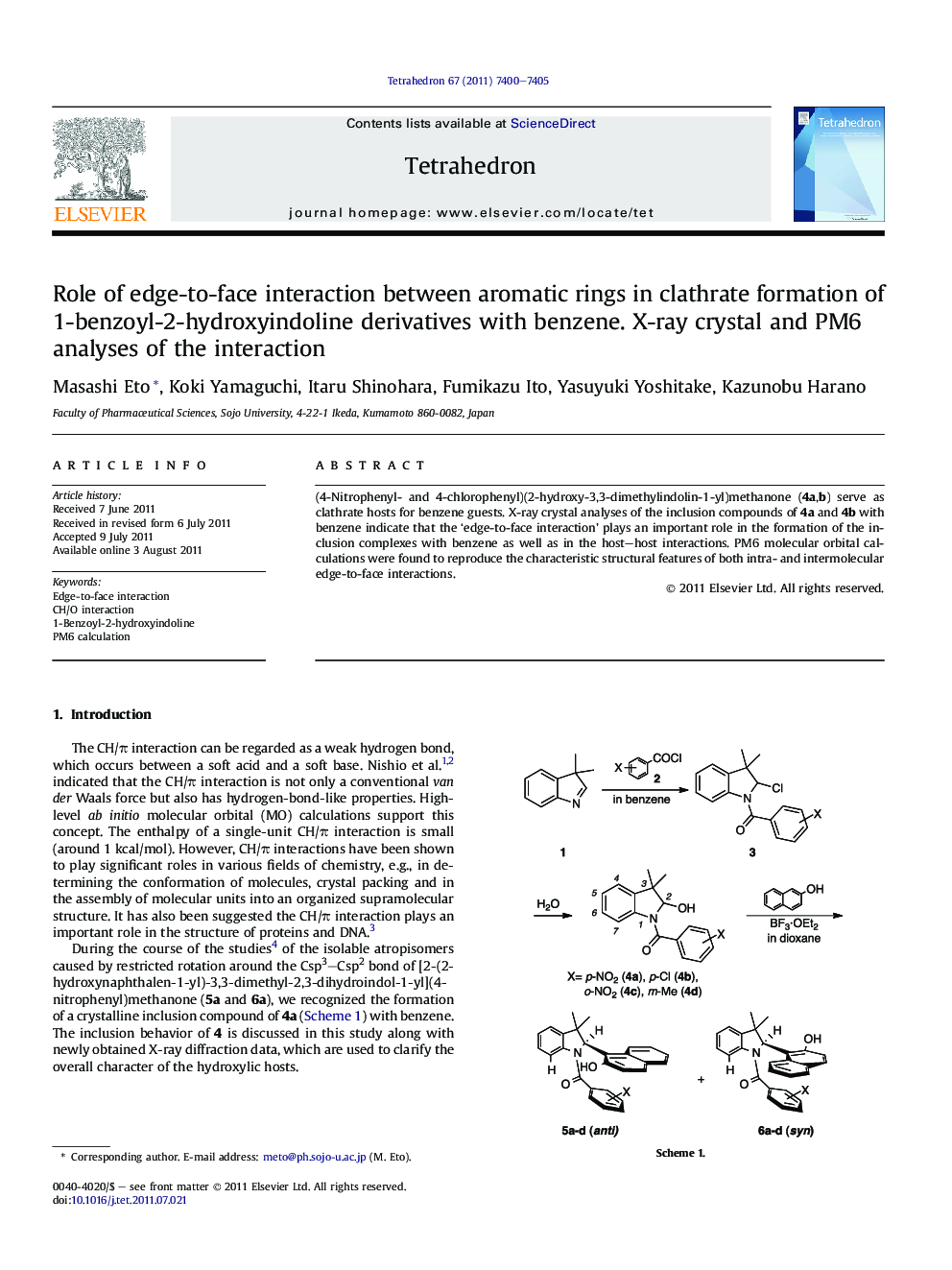 Role of edge-to-face interaction between aromatic rings in clathrate formation of 1-benzoyl-2-hydroxyindoline derivatives with benzene. X-ray crystal and PM6 analyses of the interaction