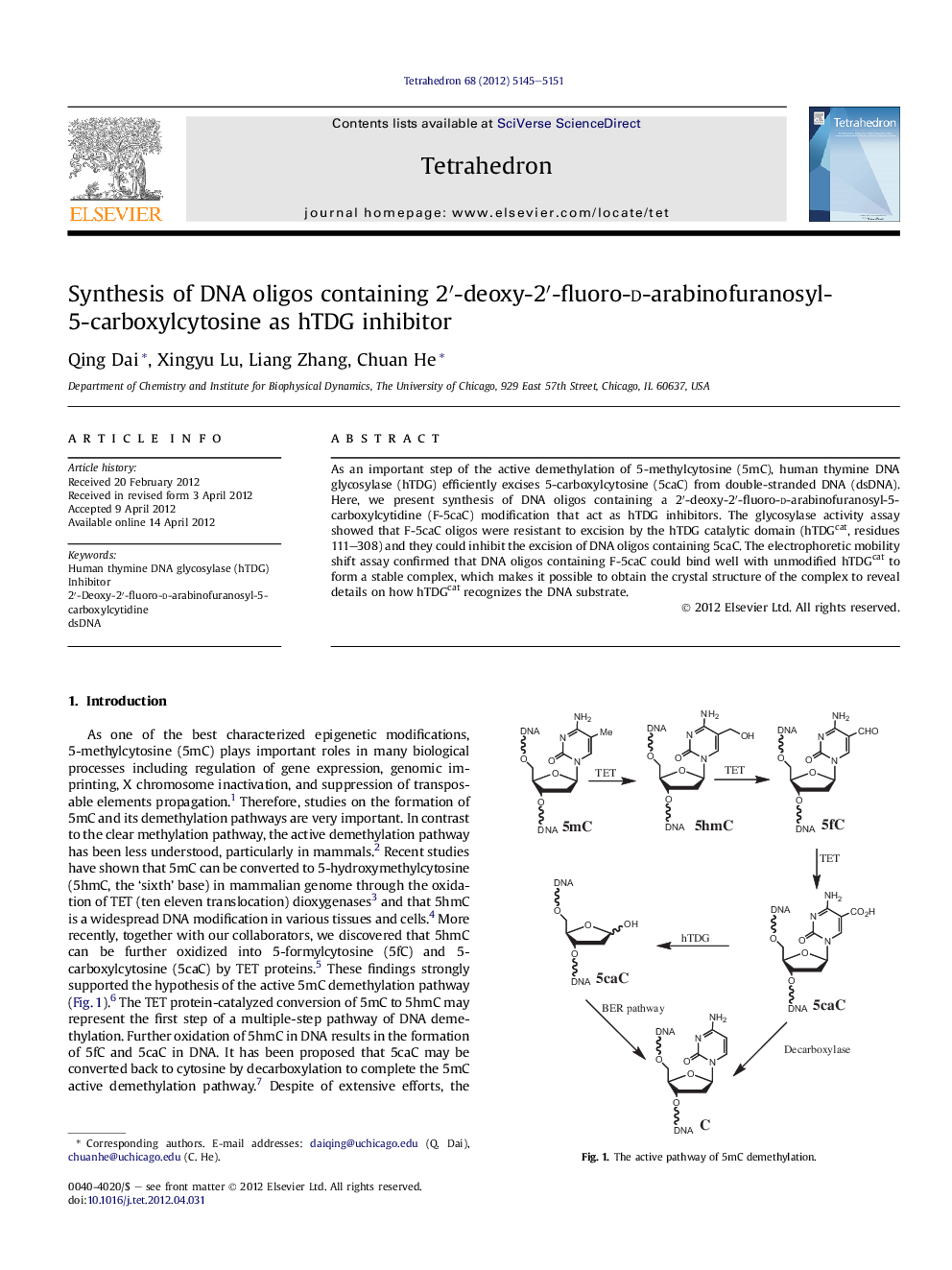 Synthesis of DNA oligos containing 2â²-deoxy-2â²-fluoro-d-arabinofuranosyl-5-carboxylcytosine as hTDG inhibitor