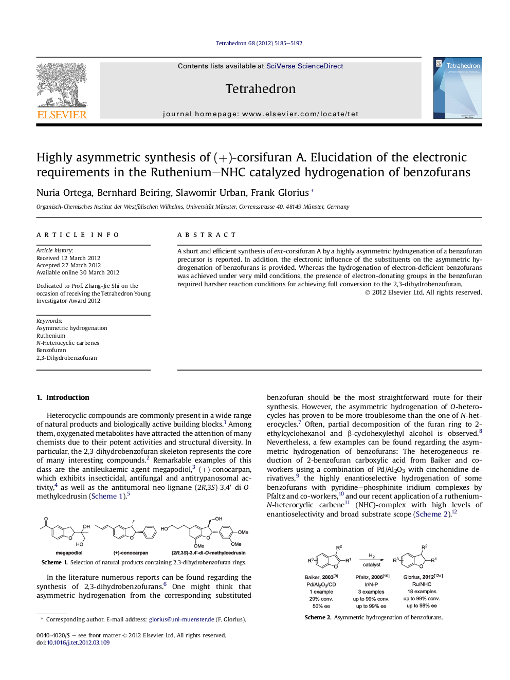 Highly asymmetric synthesis of (+)-corsifuran A. Elucidation of the electronic requirements in the Ruthenium-NHC catalyzed hydrogenation of benzofurans