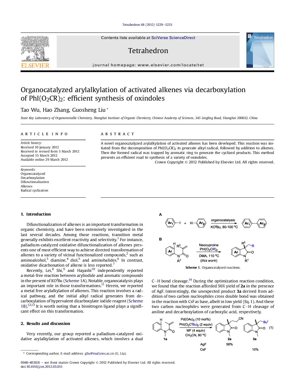 Organocatalyzed arylalkylation of activated alkenes via decarboxylation of PhI(O2CR)2: efficient synthesis of oxindoles