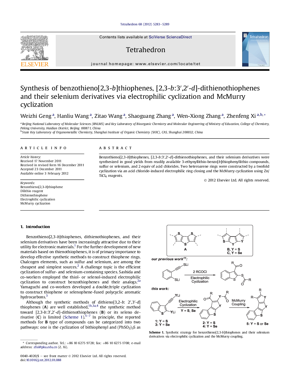 Synthesis of benzothieno[2,3-b]thiophenes, [2,3-b:3′,2′-d]-dithienothiophenes and their selenium derivatives via electrophilic cyclization and McMurry cyclization