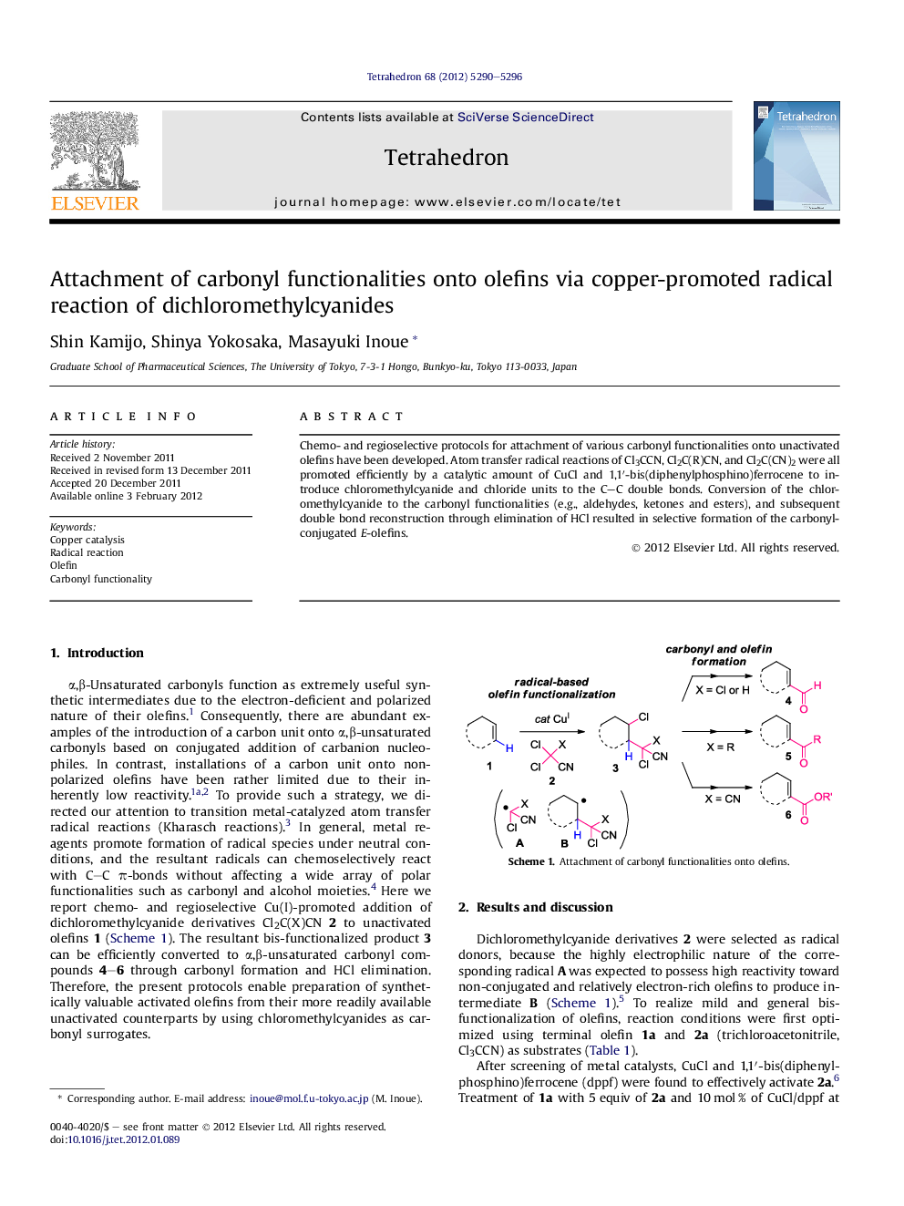 Attachment of carbonyl functionalities onto olefins via copper-promoted radical reaction of dichloromethylcyanides