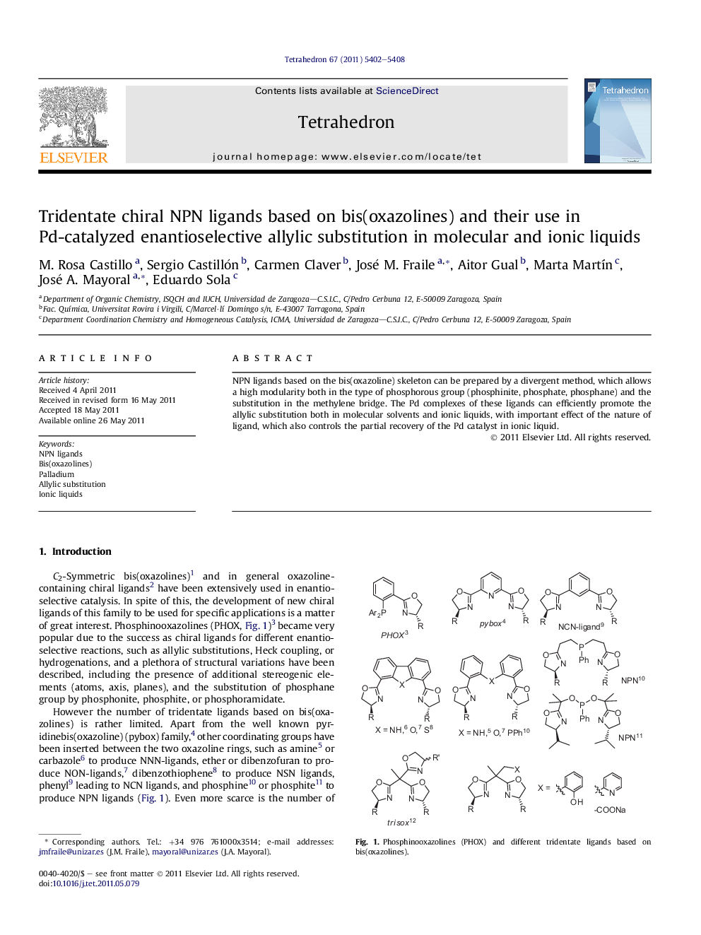 عکس صفحه اول مقاله: Tridentate chiral NPN ligands based on bis(oxazolines) and their use in Pd-catalyzed enantioselective allylic substitution in molecular and ionic liquids Tridentate chiral NPN ligands based on bis(oxazolines) and their use in Pd-catalyzed enantioselective allylic substitution in molecular and ionic liquids