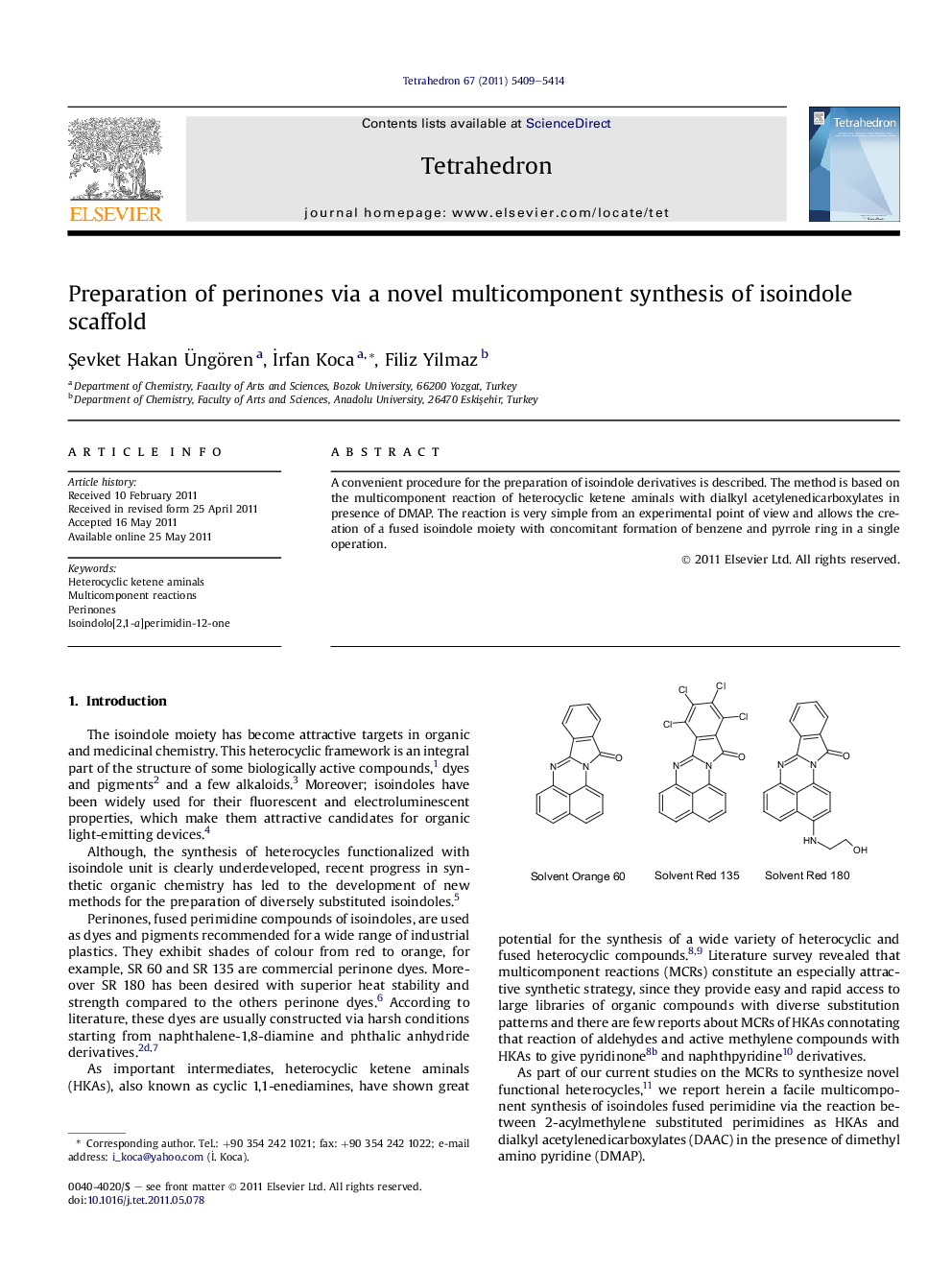 عکس صفحه اول مقاله: Preparation of perinones via a novel multicomponent synthesis of isoindole scaffold Preparation of perinones via a novel multicomponent synthesis of isoindole scaffold