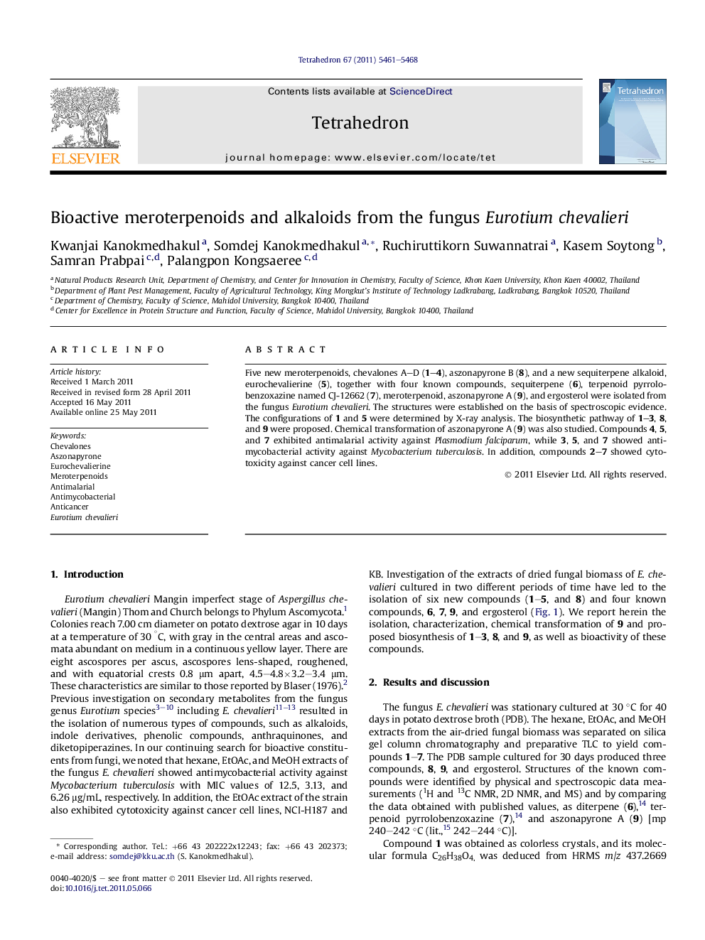 عکس صفحه اول مقاله: Bioactive meroterpenoids and alkaloids from the fungus Eurotium chevalieri Bioactive meroterpenoids and alkaloids from the fungus Eurotium chevalieri