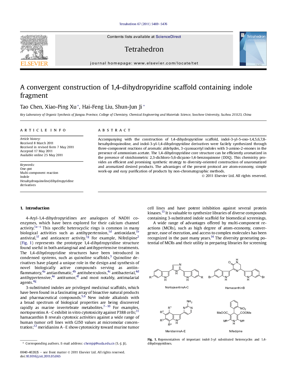 عکس صفحه اول مقاله: A convergent construction of 1,4-dihydropyridine scaffold containing indole fragment A convergent construction of 1,4-dihydropyridine scaffold containing indole fragment