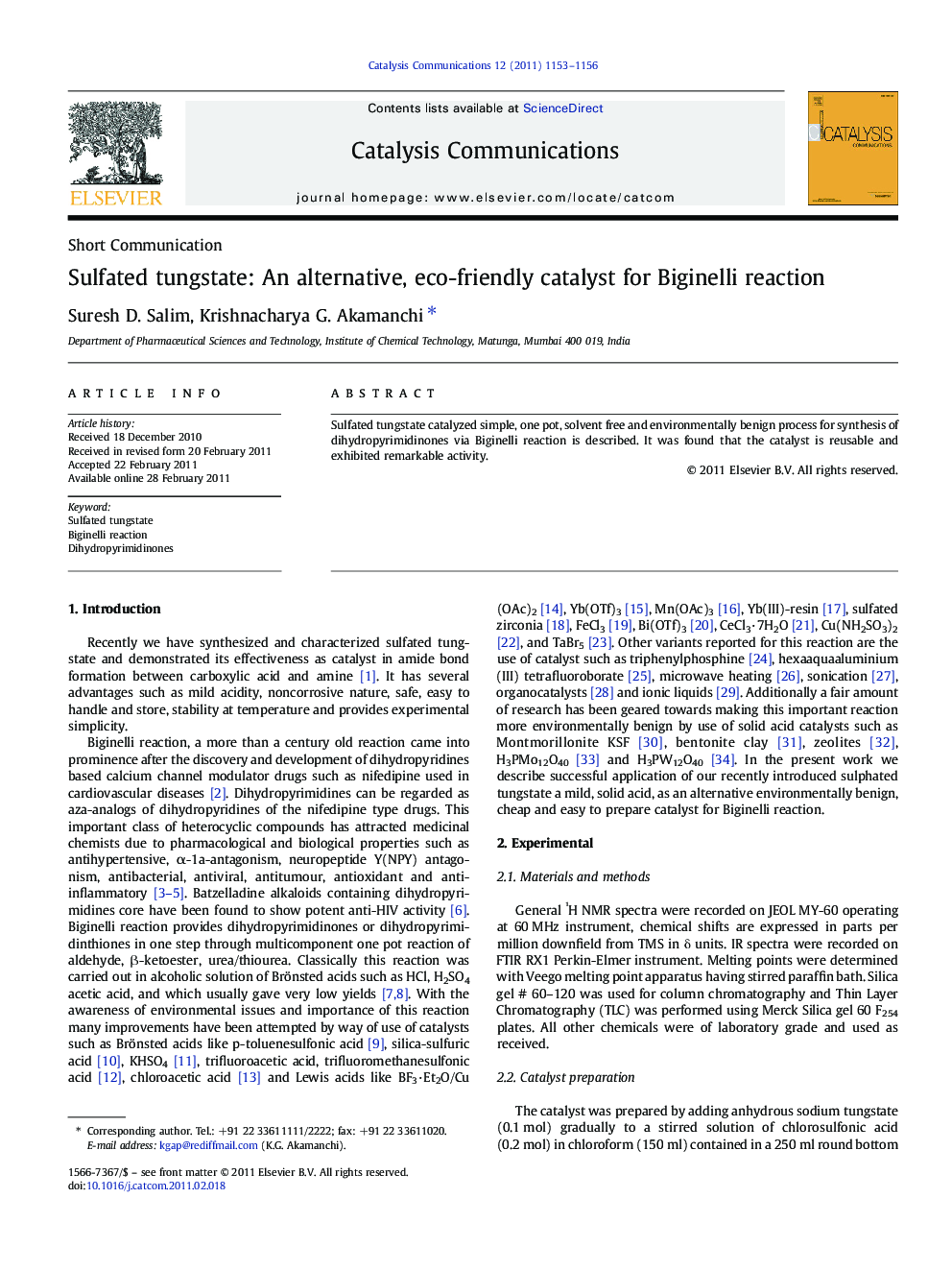 Sulfated tungstate: An alternative, eco-friendly catalyst for Biginelli reaction